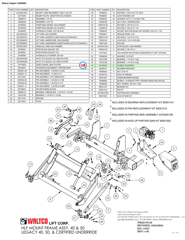Waltco Liftgate | 20396000 — HLF MOUNT FRAME ASSY, 40 & 50 LEGACY 40, 50, & CERTIFIED UNDERRIDE · p.12 (Waltco HLF Parts Manual)