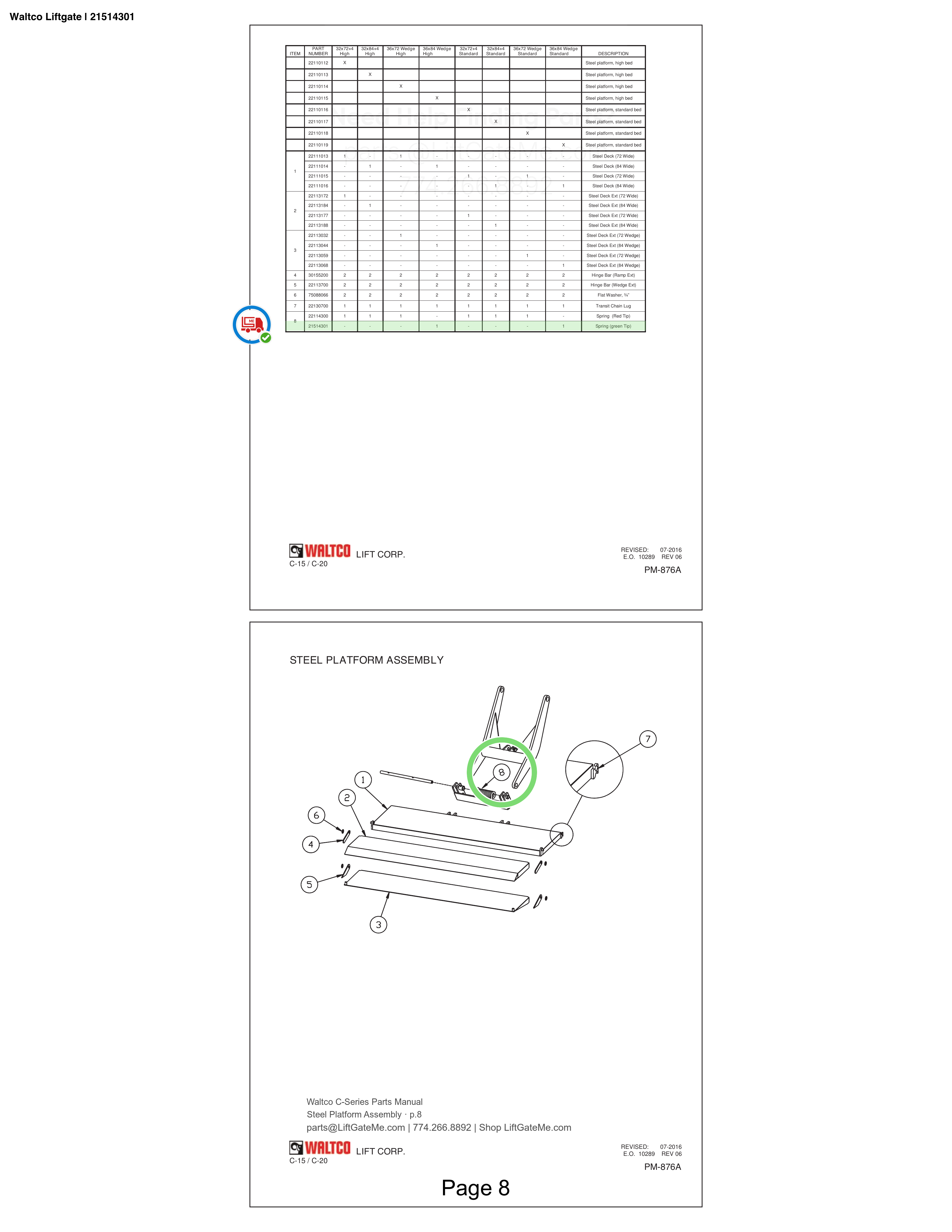Waltco Liftgate | 21514301 — Steel Platform Assembly · p.8 (Waltco C-Series Parts Manual)