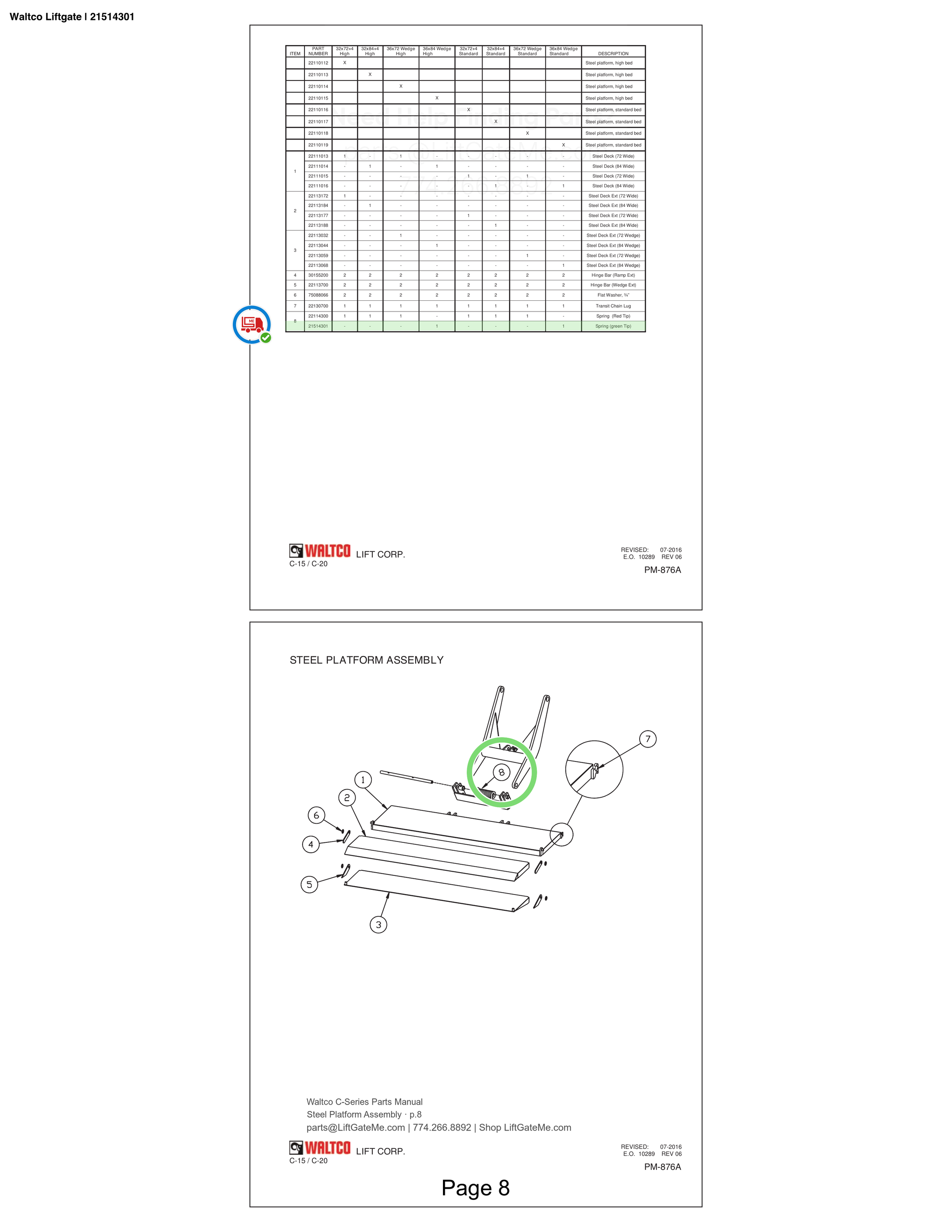Waltco Liftgate | 21514301 — Steel Platform Assembly · p.8 (Waltco C-Series Parts Manual)