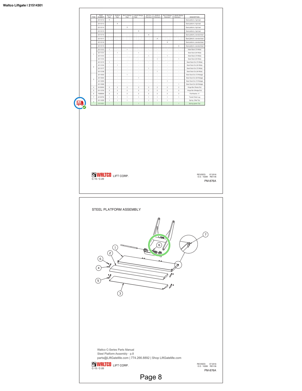 Waltco Liftgate | 21514301 — Steel Platform Assembly · p.8 (Waltco C-Series Parts Manual)