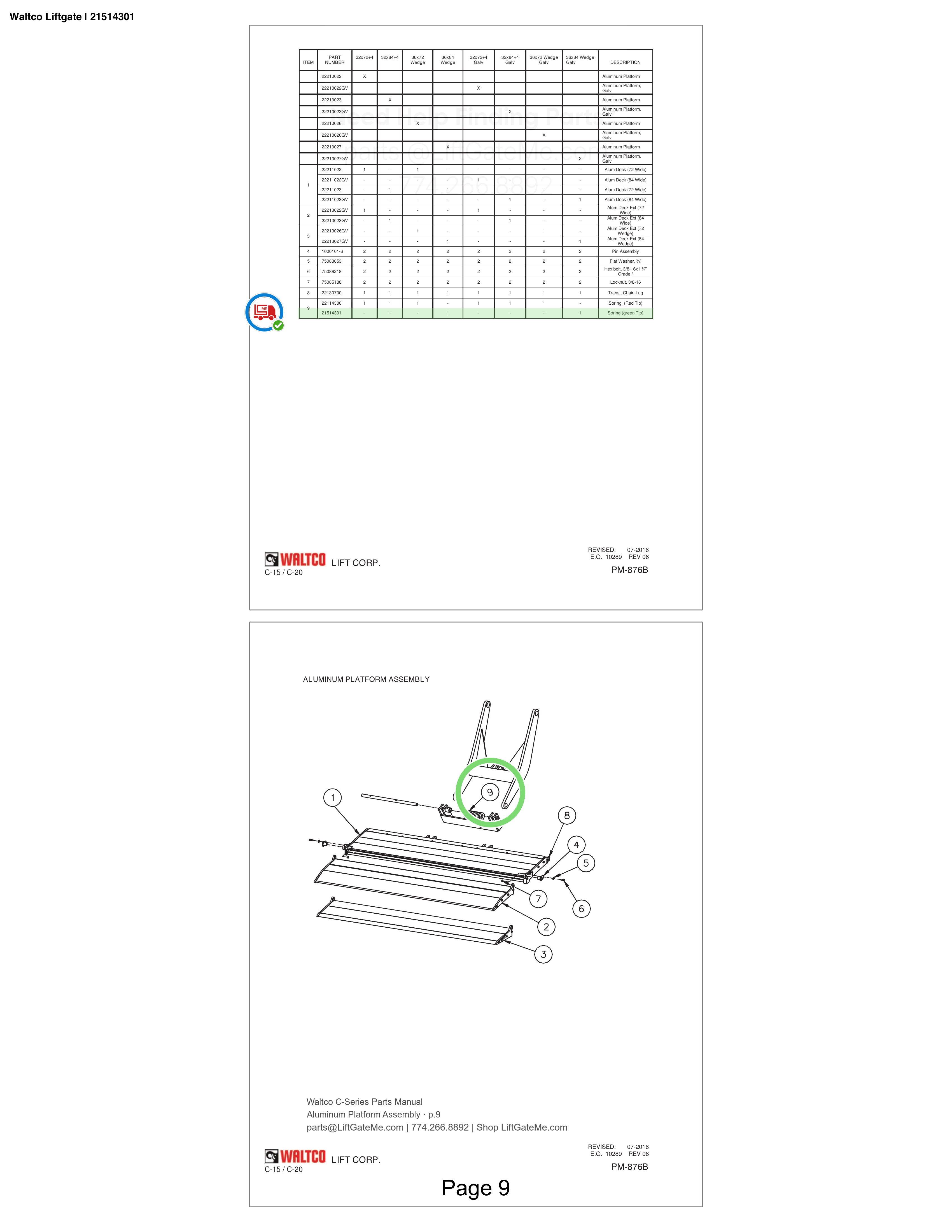 Waltco Liftgate | 21514301 — Aluminum Platform Assembly · p.9 (Waltco C-Series Parts Manual)