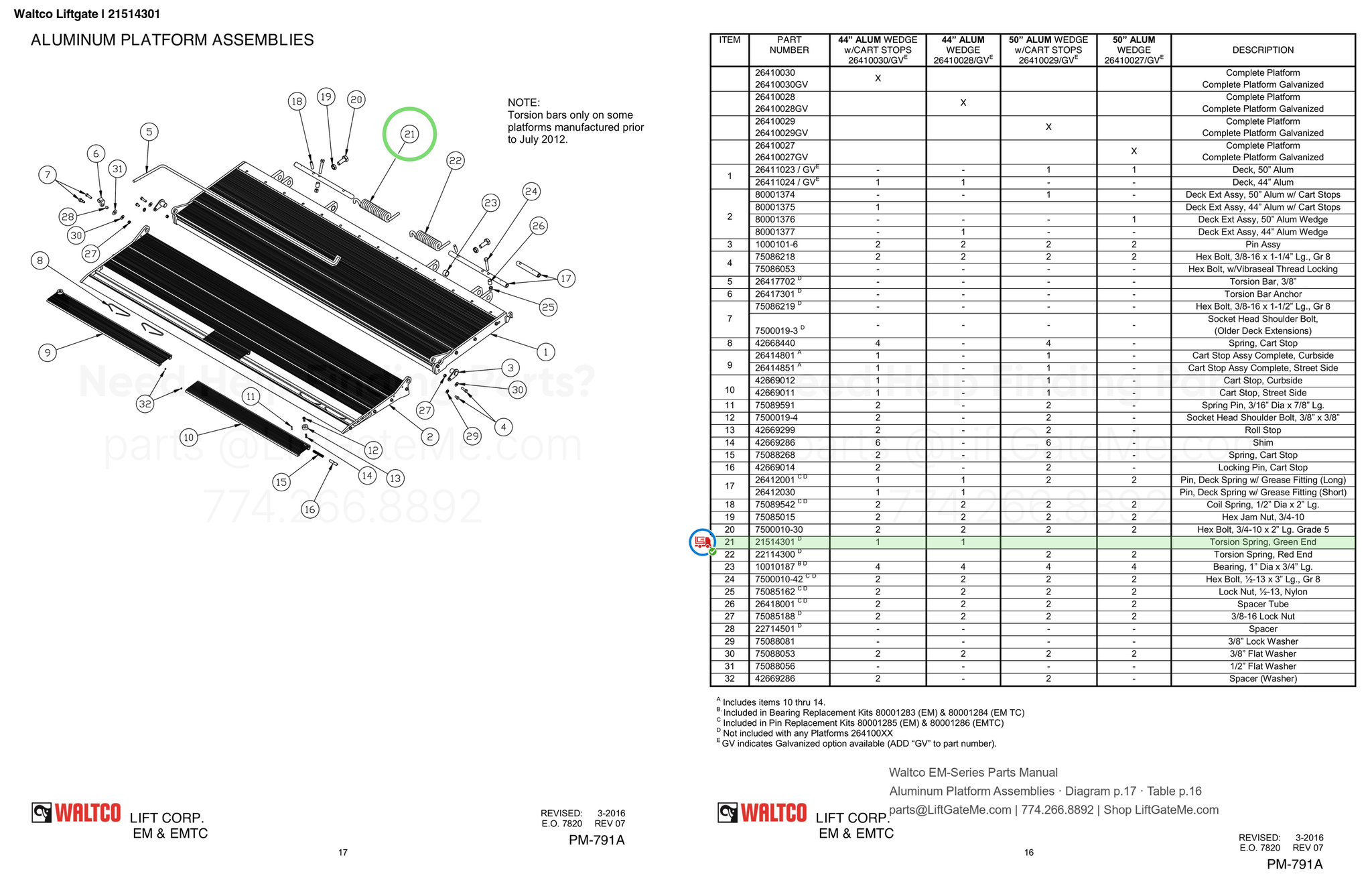 Waltco Liftgate | 21514301 — Aluminum Platform Assemblies · Diagram p.17 · Table p.16 (Waltco EM-Series Parts Manual)