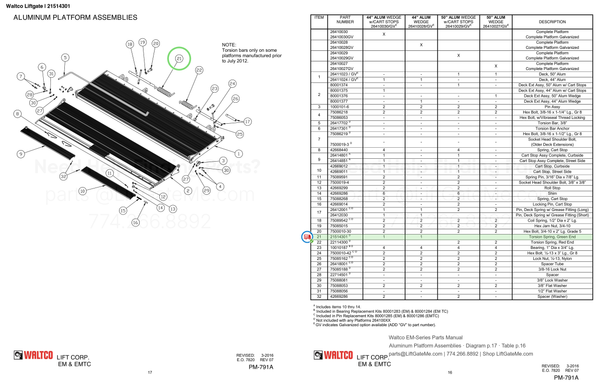 Waltco Liftgate | 21514301 — Aluminum Platform Assemblies · Diagram p.17 · Table p.16 (Waltco EM-Series Parts Manual)