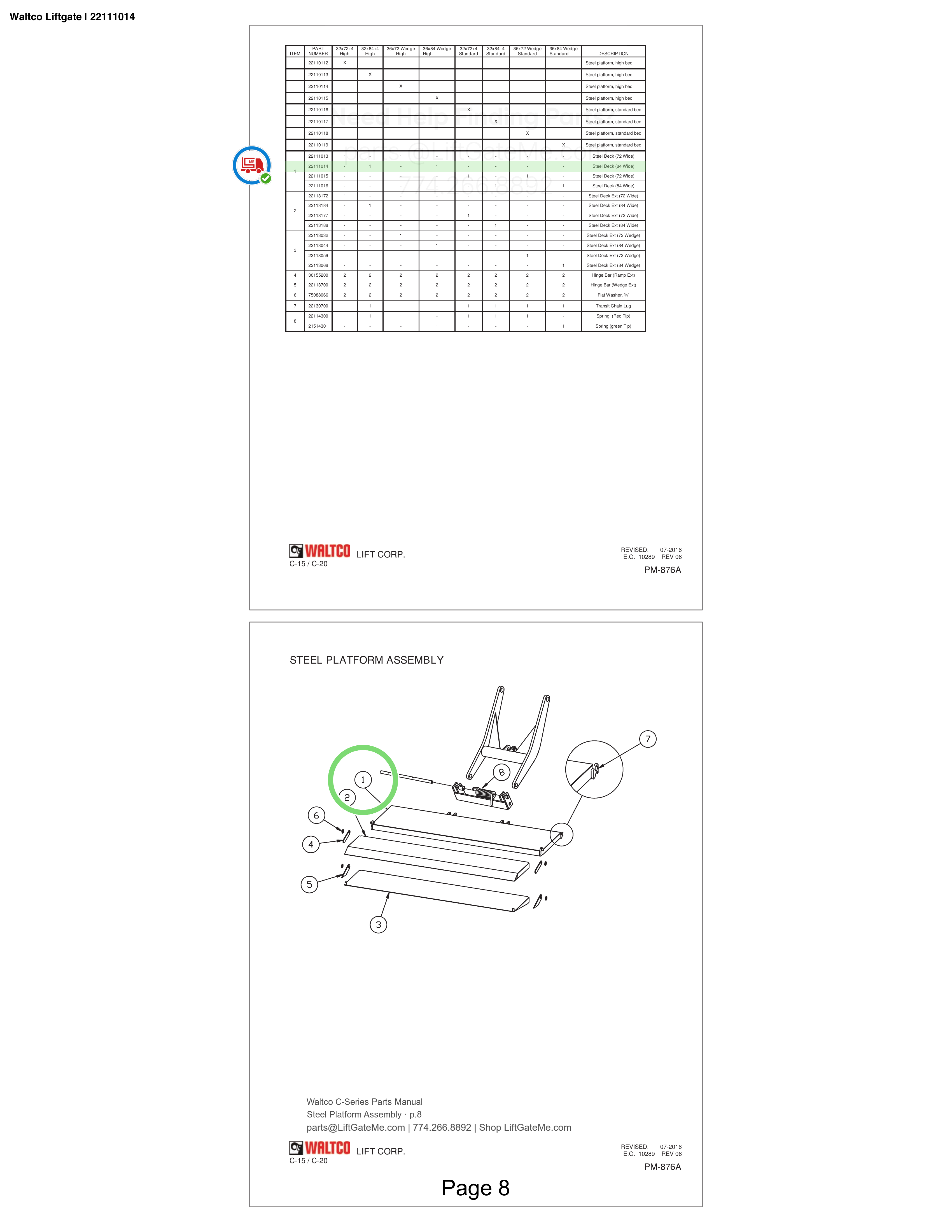 Waltco Liftgate | 22111014 — Steel Platform Assembly · p.8 (Waltco C-Series Parts Manual)