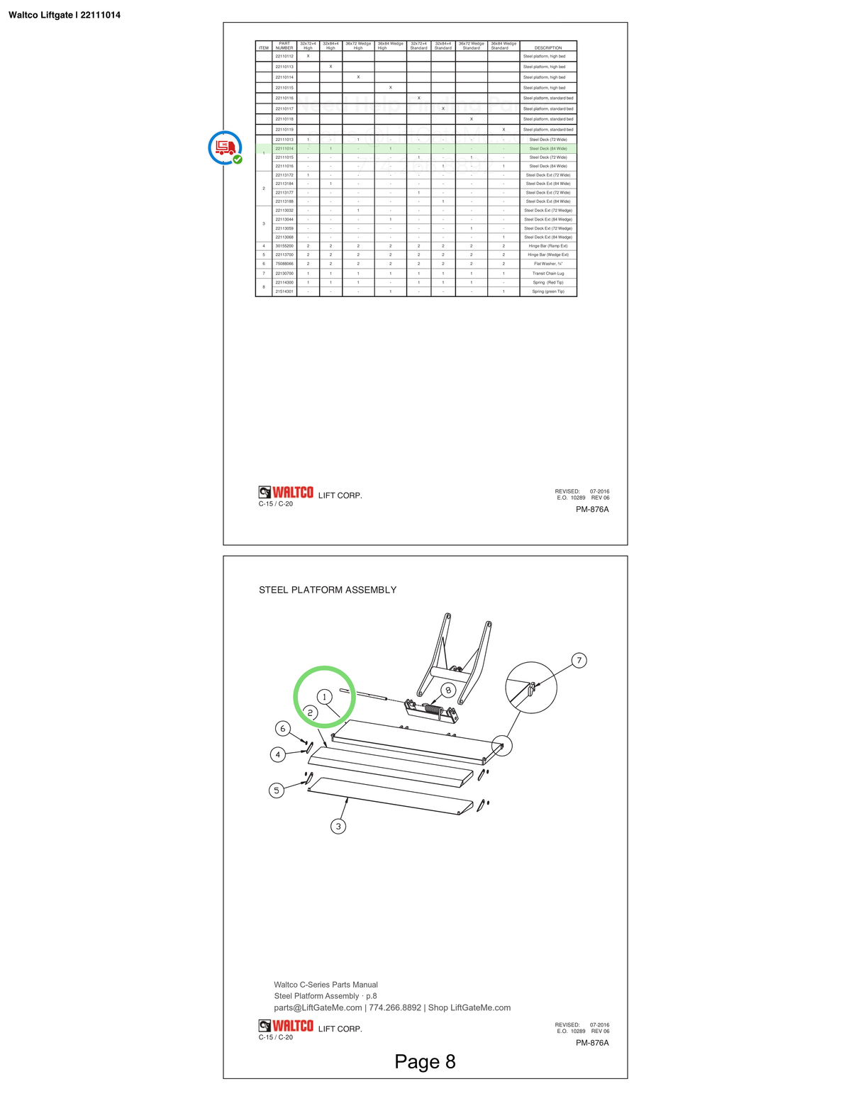 Waltco Liftgate | 22111014 — Steel Platform Assembly · p.8 (Waltco C-Series Parts Manual)