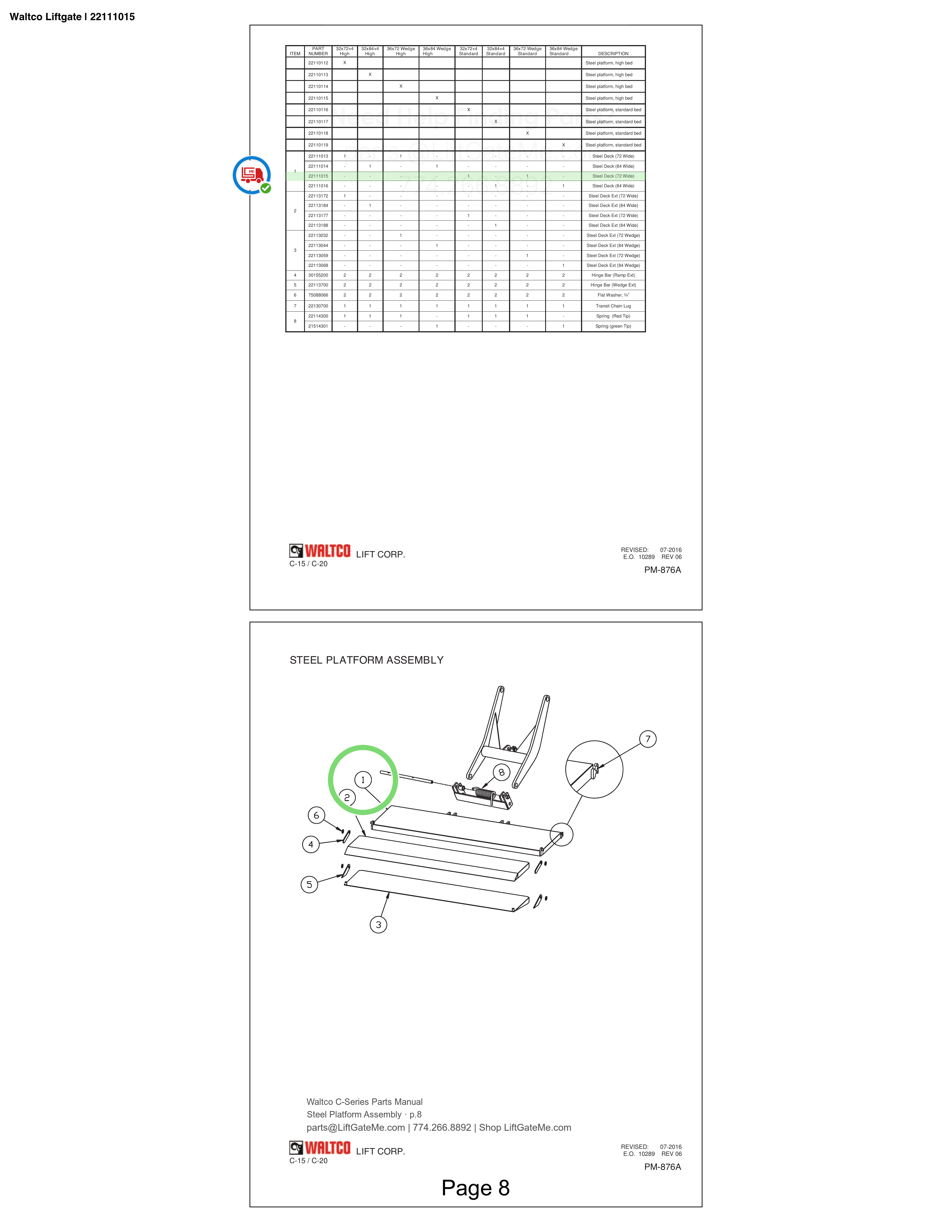 Waltco Liftgate | 22111015 — Steel Platform Assembly · p.8 (Waltco C-Series Parts Manual)