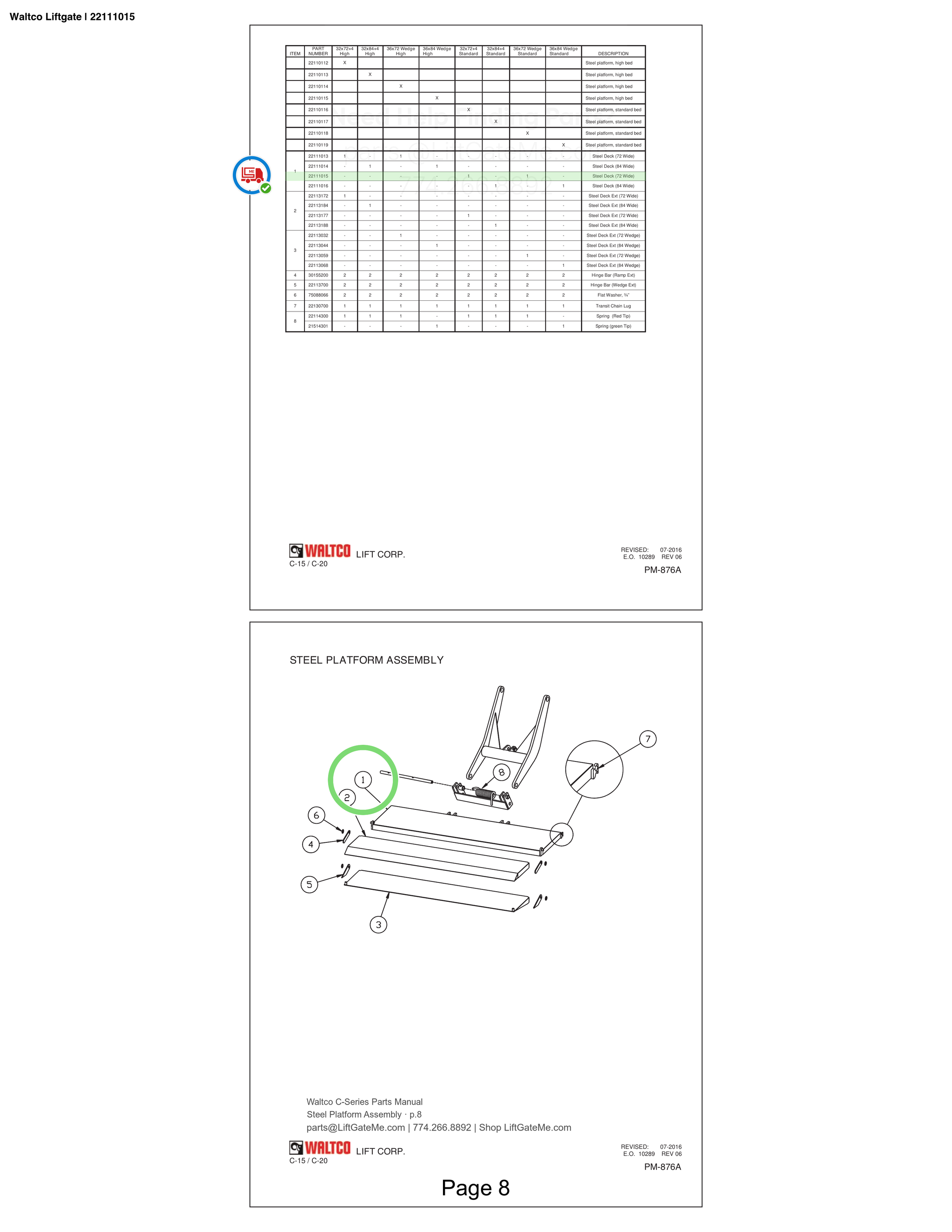Waltco Liftgate | 22111015 — Steel Platform Assembly · p.8 (Waltco C-Series Parts Manual)