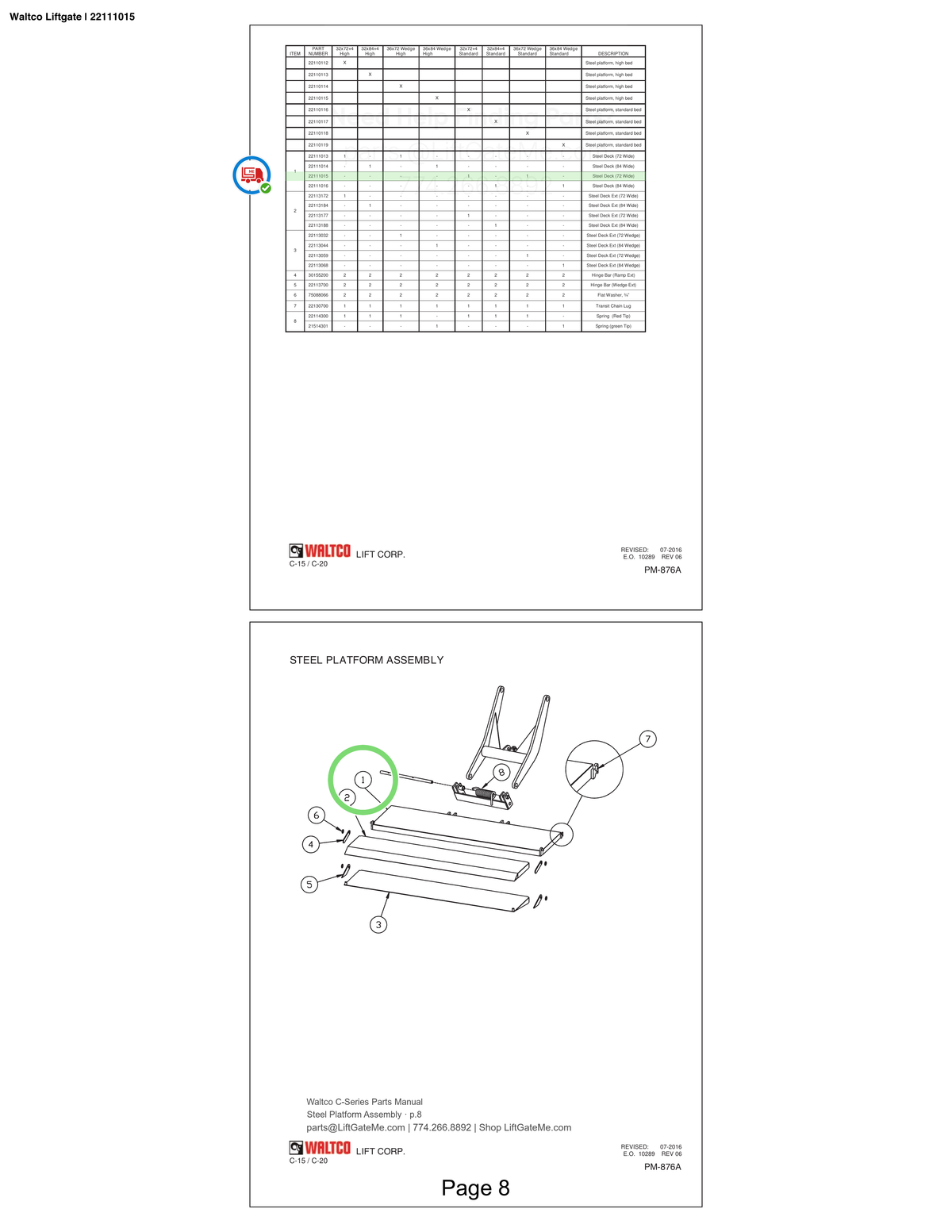 Waltco Liftgate | 22111015 — Steel Platform Assembly · p.8 (Waltco C-Series Parts Manual)