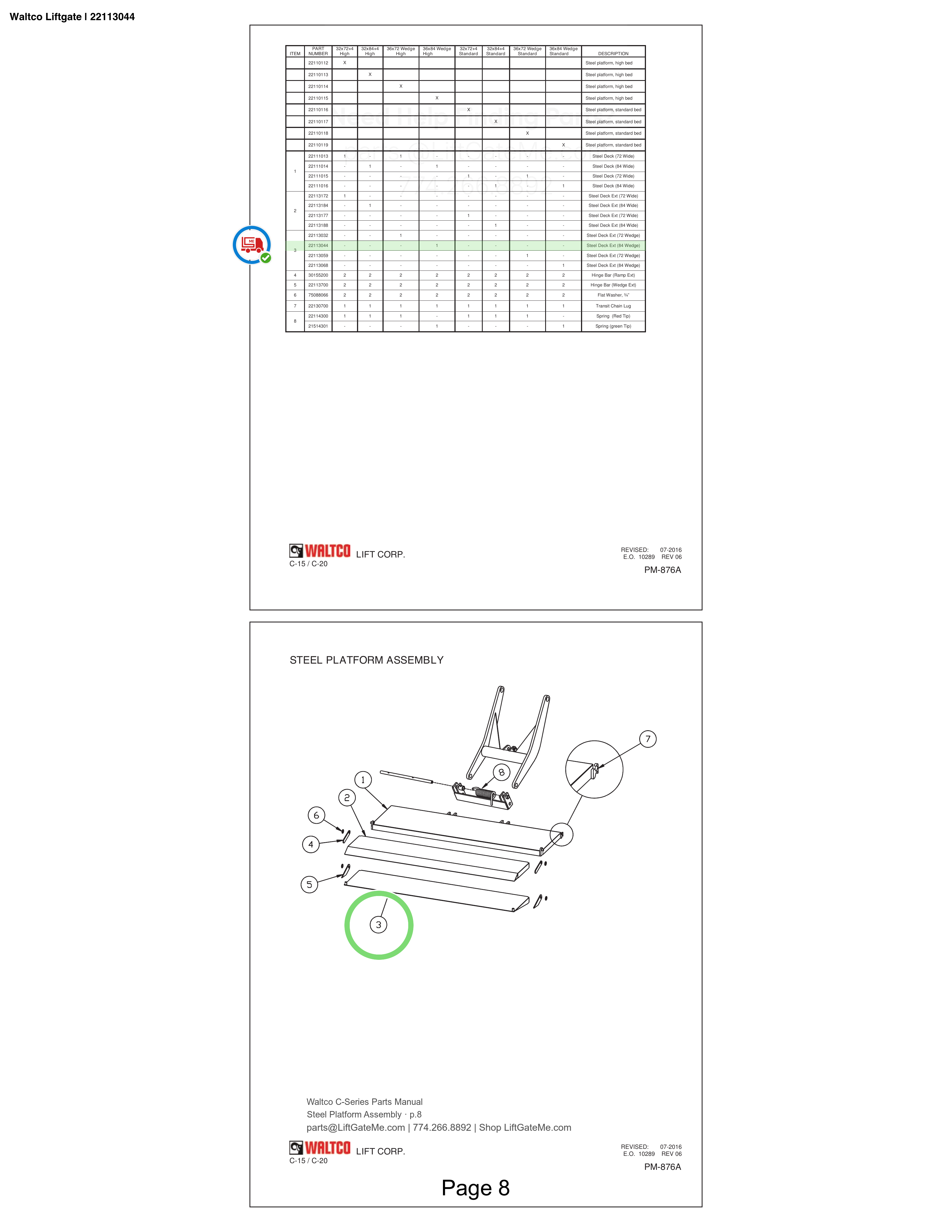 Waltco Liftgate | 22113044 — Steel Platform Assembly · p.8 (Waltco C-Series Parts Manual)