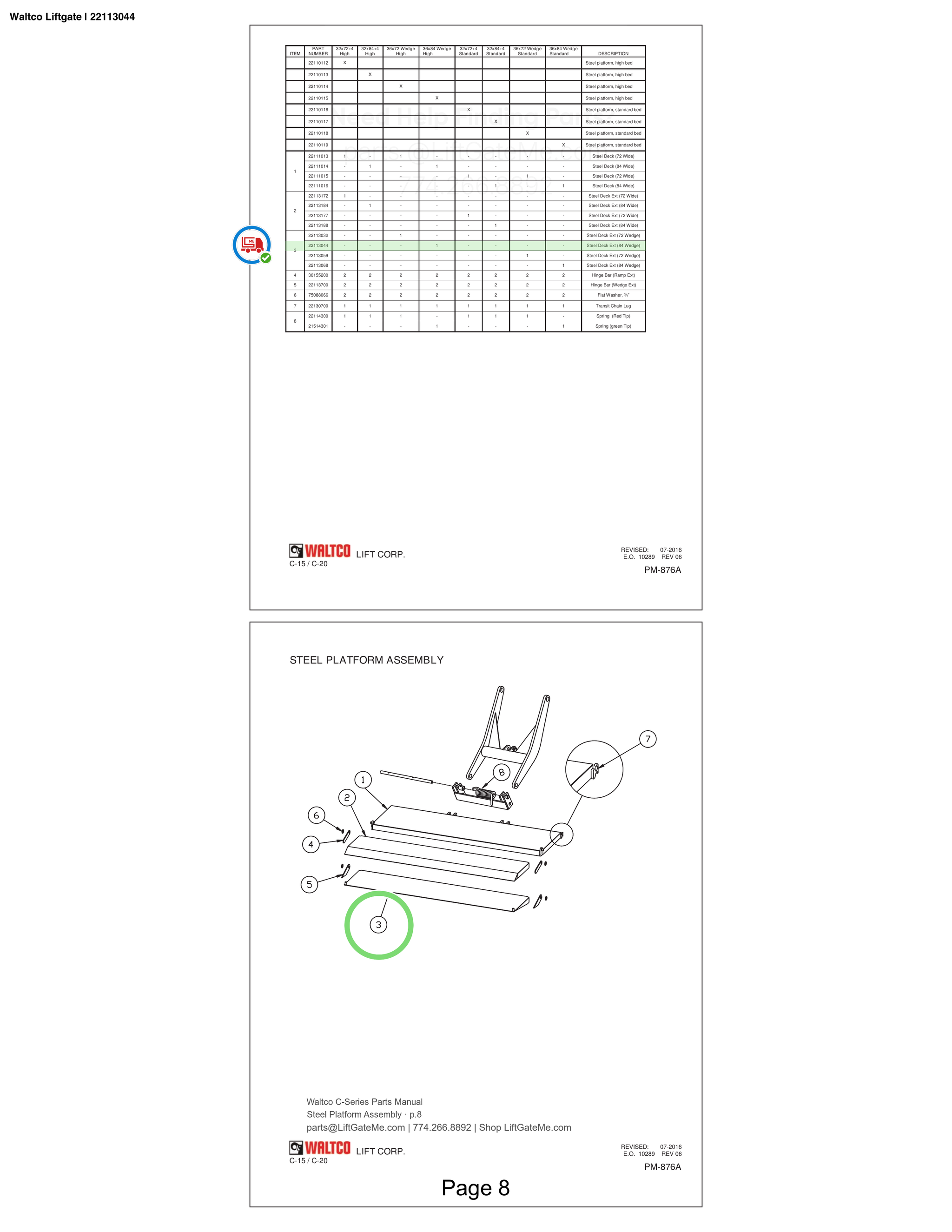 Waltco Liftgate | 22113044 — Steel Platform Assembly · p.8 (Waltco C-Series Parts Manual)