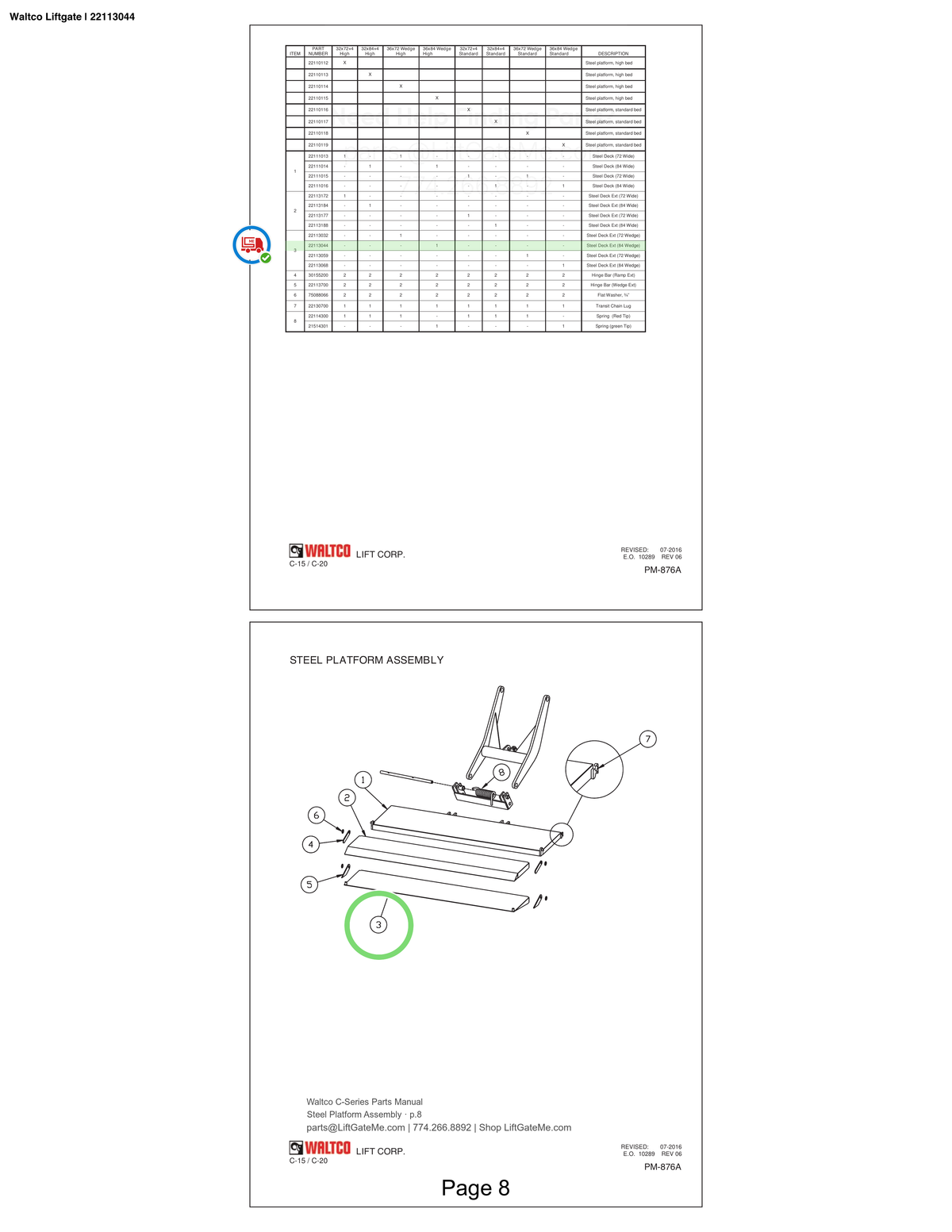 Waltco Liftgate | 22113044 — Steel Platform Assembly · p.8 (Waltco C-Series Parts Manual)