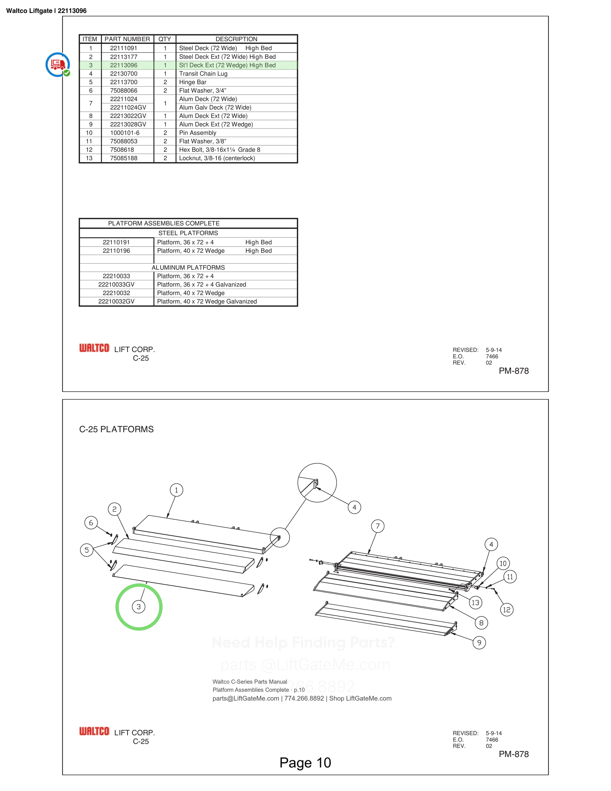 Waltco Liftgate | 22113096 — Platform Assemblies Complete · p.10 (Waltco C-Series Parts Manual)