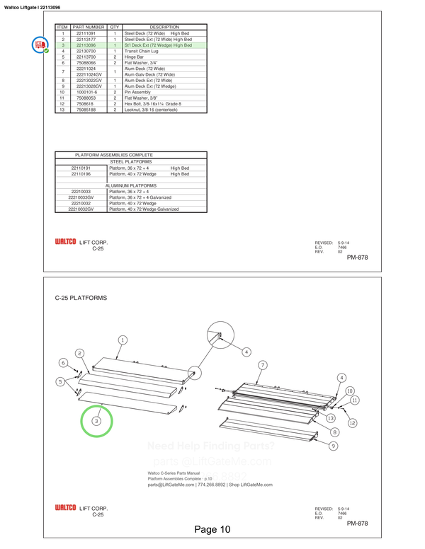 Waltco Liftgate | 22113096 — Platform Assemblies Complete · p.10 (Waltco C-Series Parts Manual)