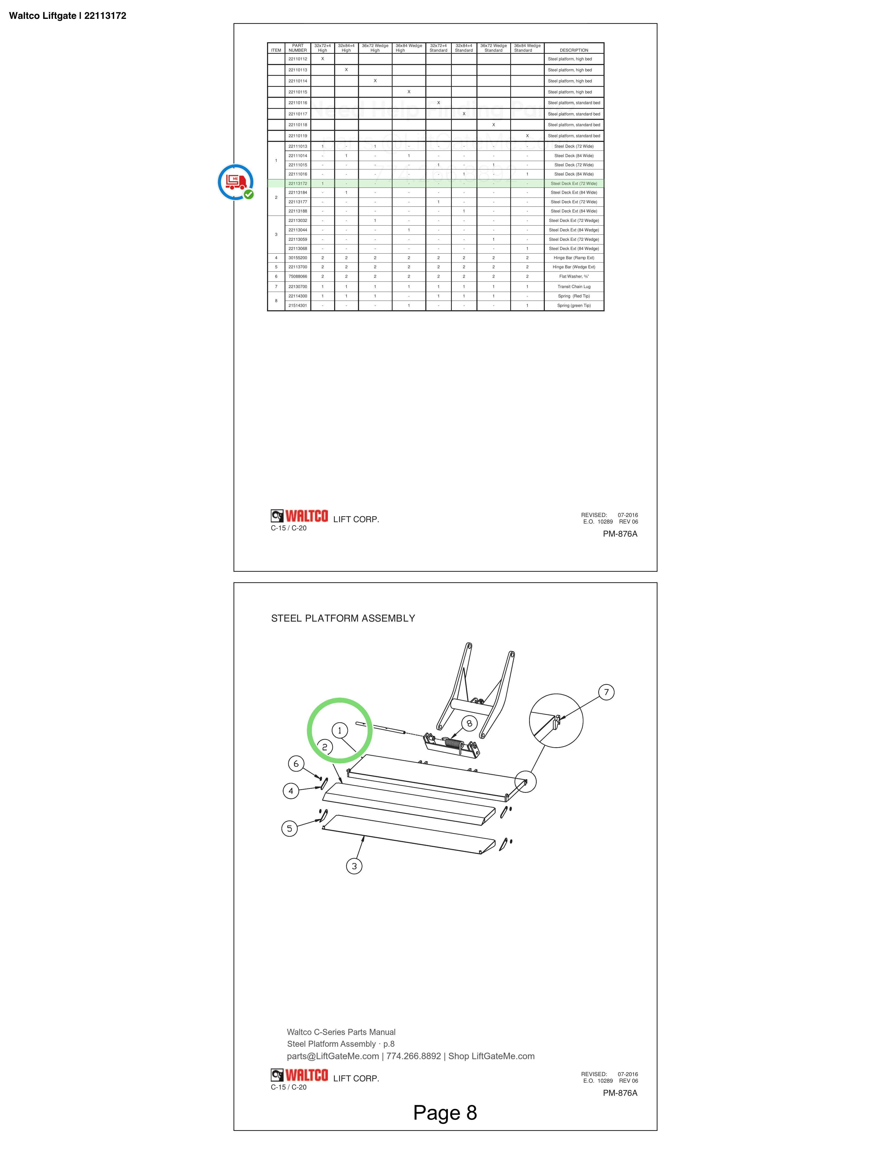 Waltco Liftgate | 22113172 — Steel Platform Assembly · p.8 (Waltco C-Series Parts Manual)