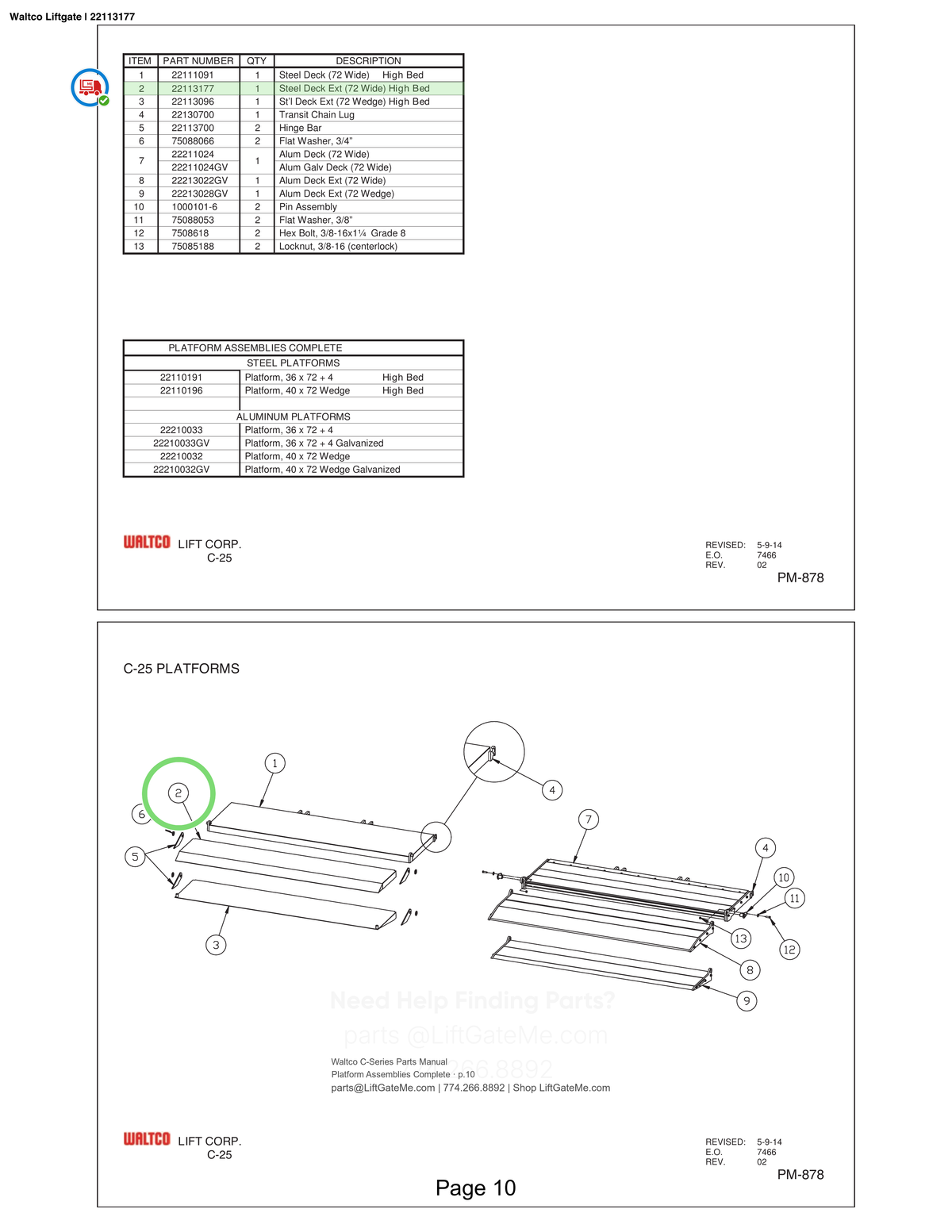 Waltco Liftgate | 22113177 — Platform Assemblies Complete · p.10 (Waltco C-Series Parts Manual)