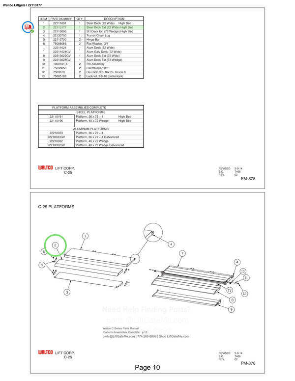 Waltco Liftgate | 22113177 — Platform Assemblies Complete · p.10 (Waltco C-Series Parts Manual)