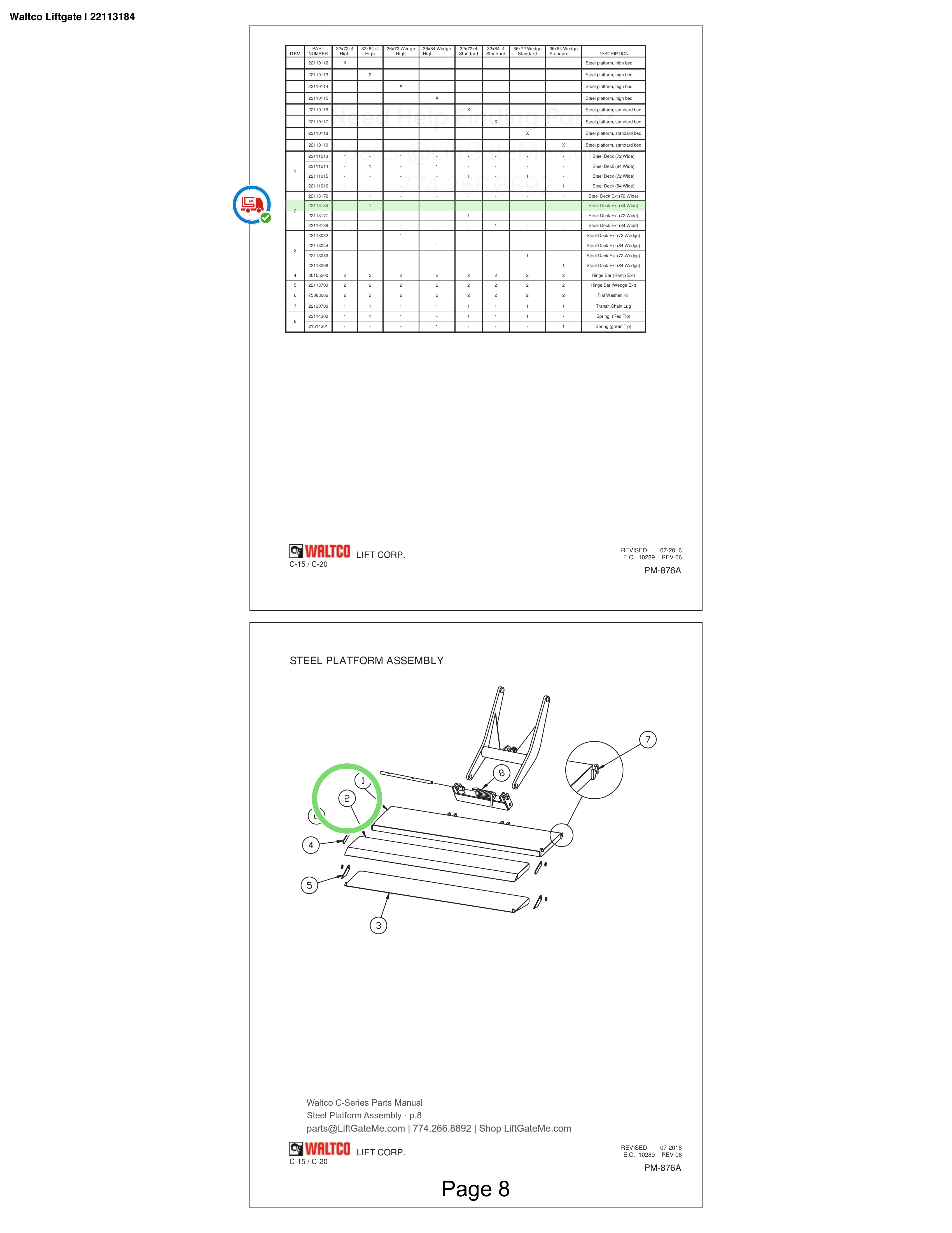 Waltco Liftgate | 22113184 — Steel Platform Assembly · p.8 (Waltco C-Series Parts Manual)