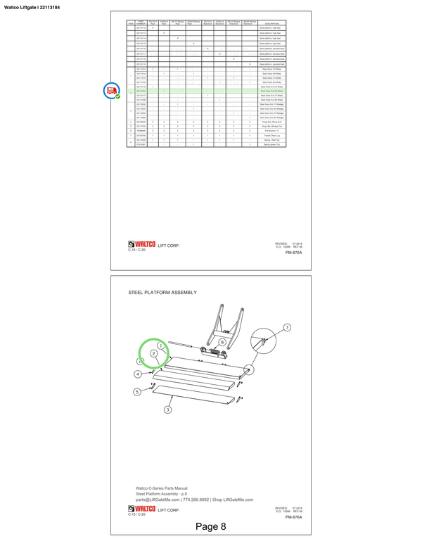 Waltco Liftgate | 22113184 — Steel Platform Assembly · p.8 (Waltco C-Series Parts Manual)