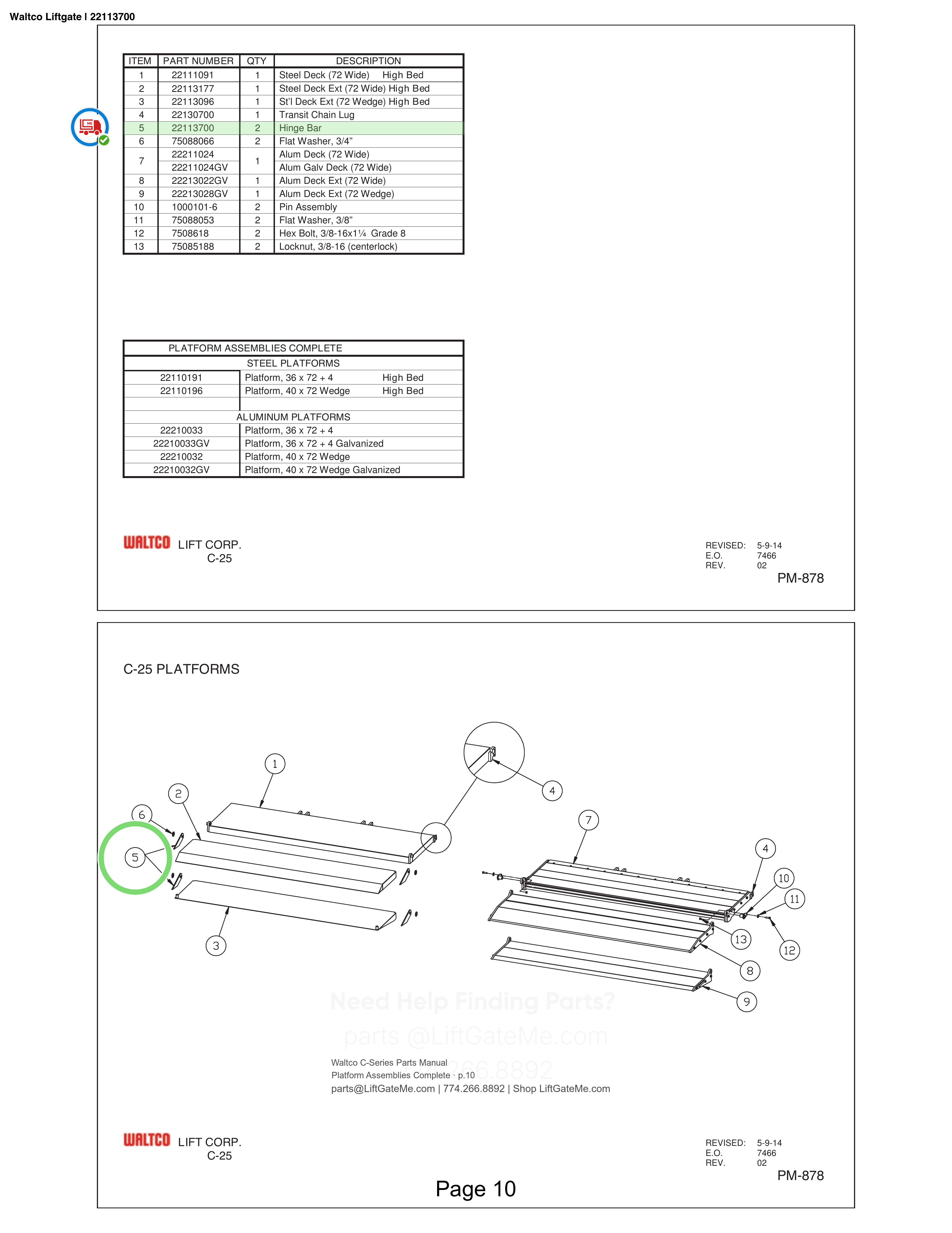 Waltco Liftgate | 22113700 — Platform Assemblies Complete · p.10 (Waltco C-Series Parts Manual)