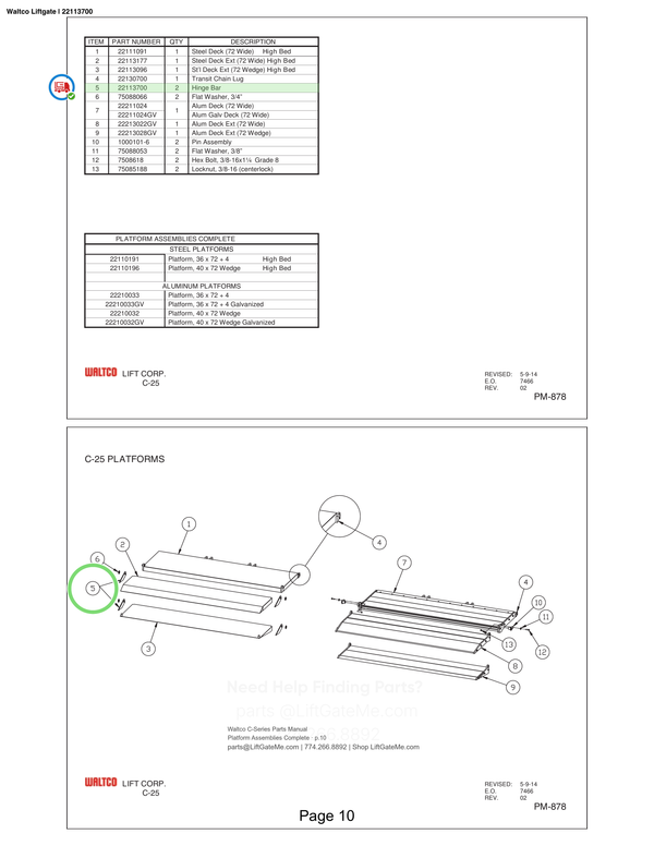 Waltco Liftgate | 22113700 — Platform Assemblies Complete · p.10 (Waltco C-Series Parts Manual)