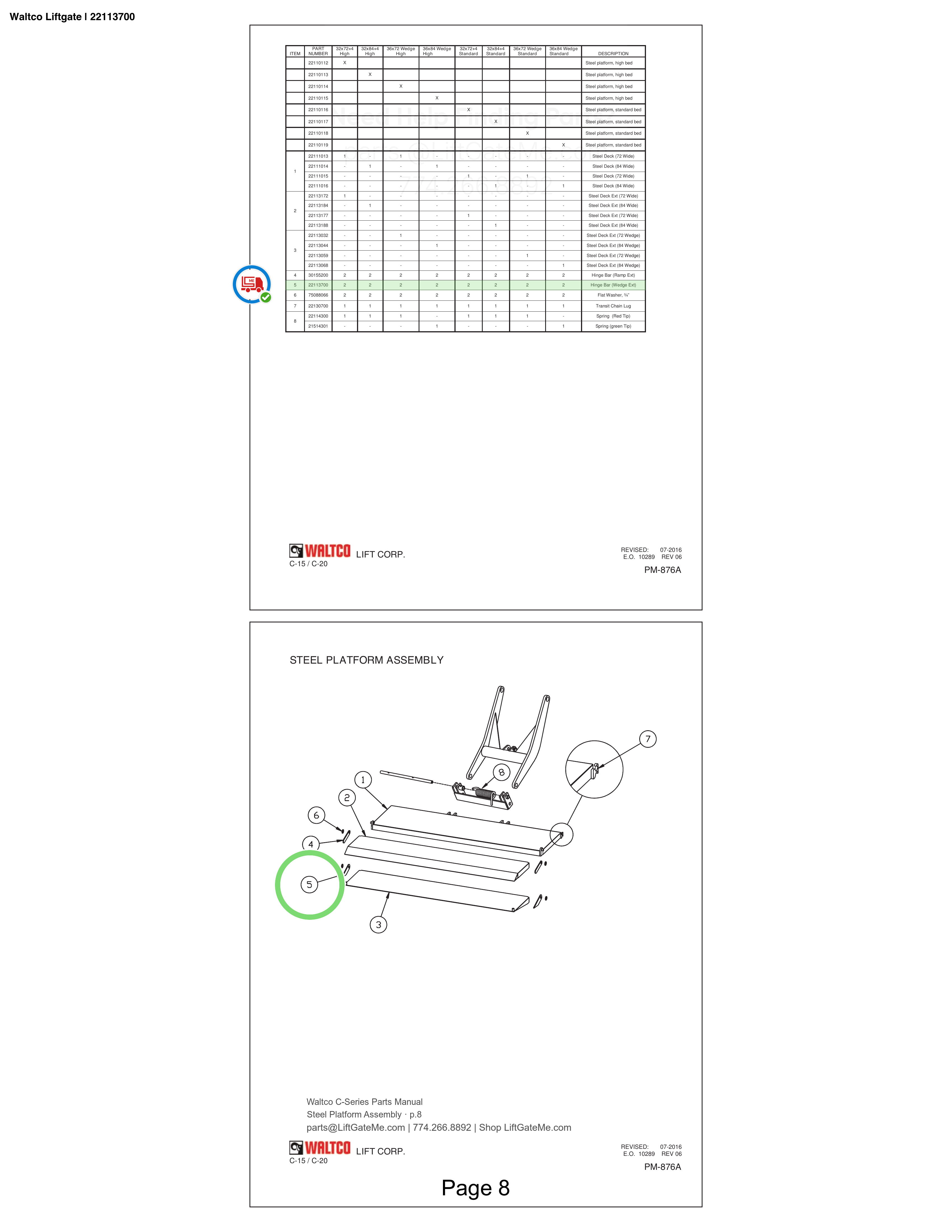 Waltco Liftgate | 22113700 — Steel Platform Assembly · p.8 (Waltco C-Series Parts Manual)