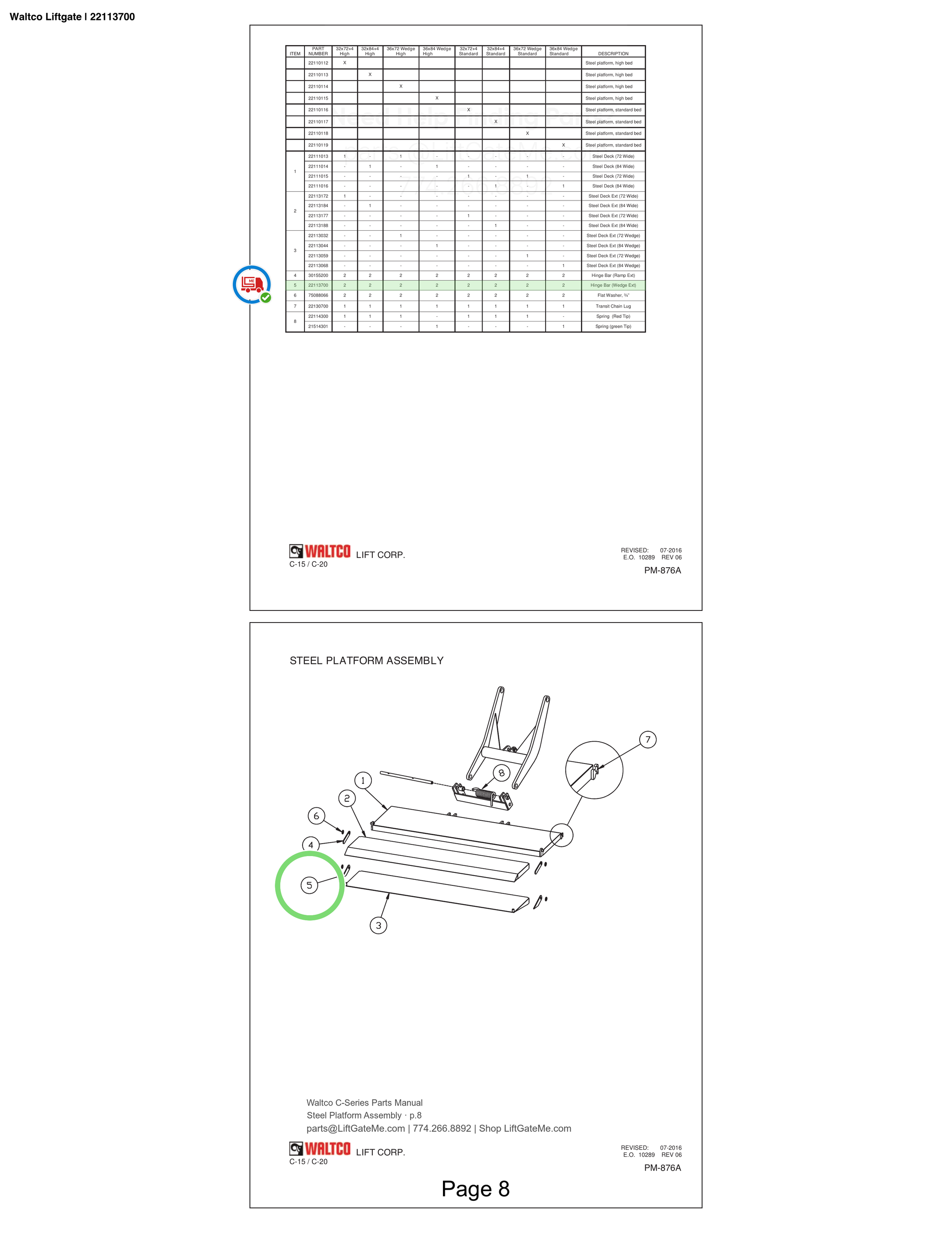 Waltco Liftgate | 22113700 — Steel Platform Assembly · p.8 (Waltco C-Series Parts Manual)