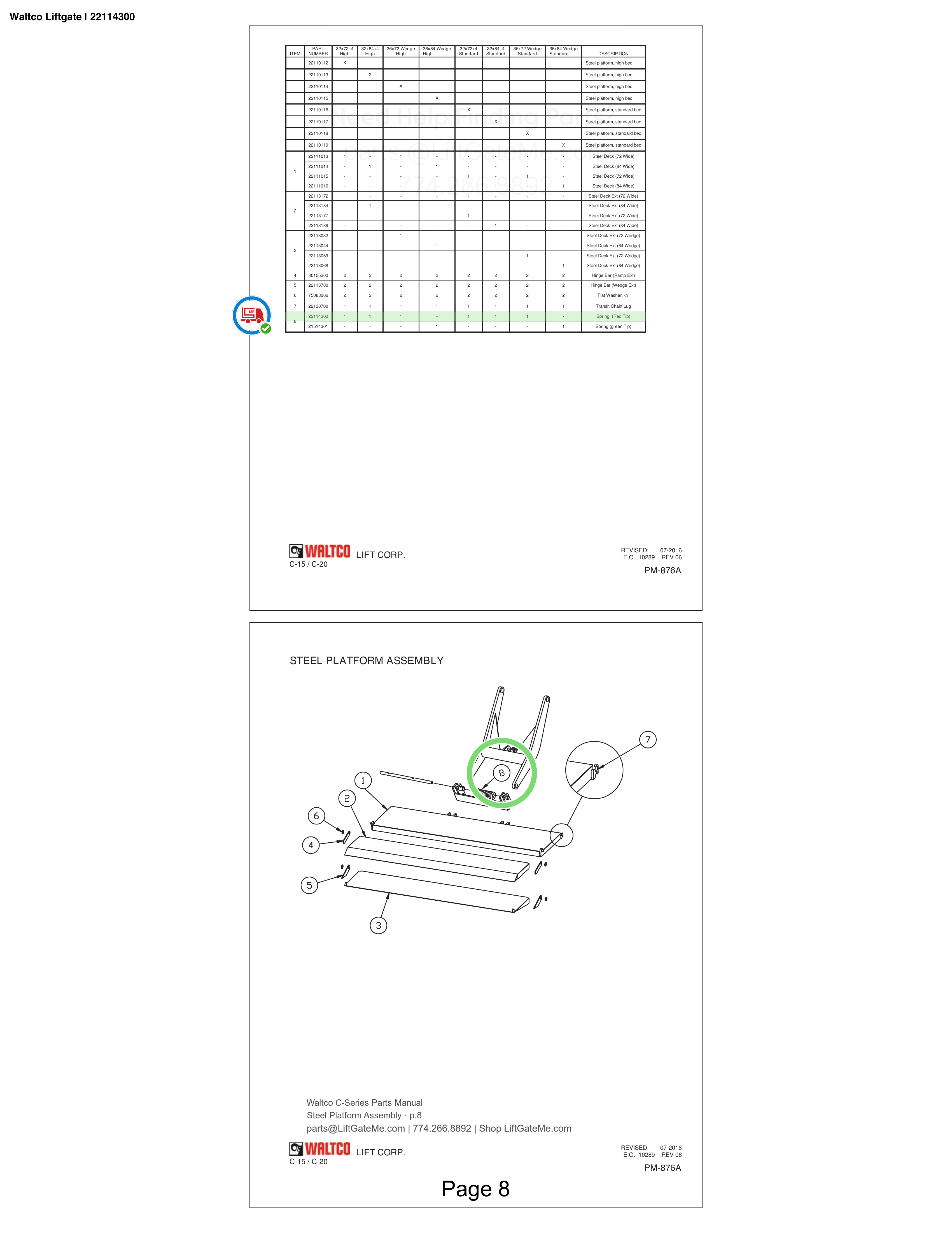 Waltco Liftgate | 22114300 — Steel Platform Assembly · p.8 (Waltco C-Series Parts Manual)