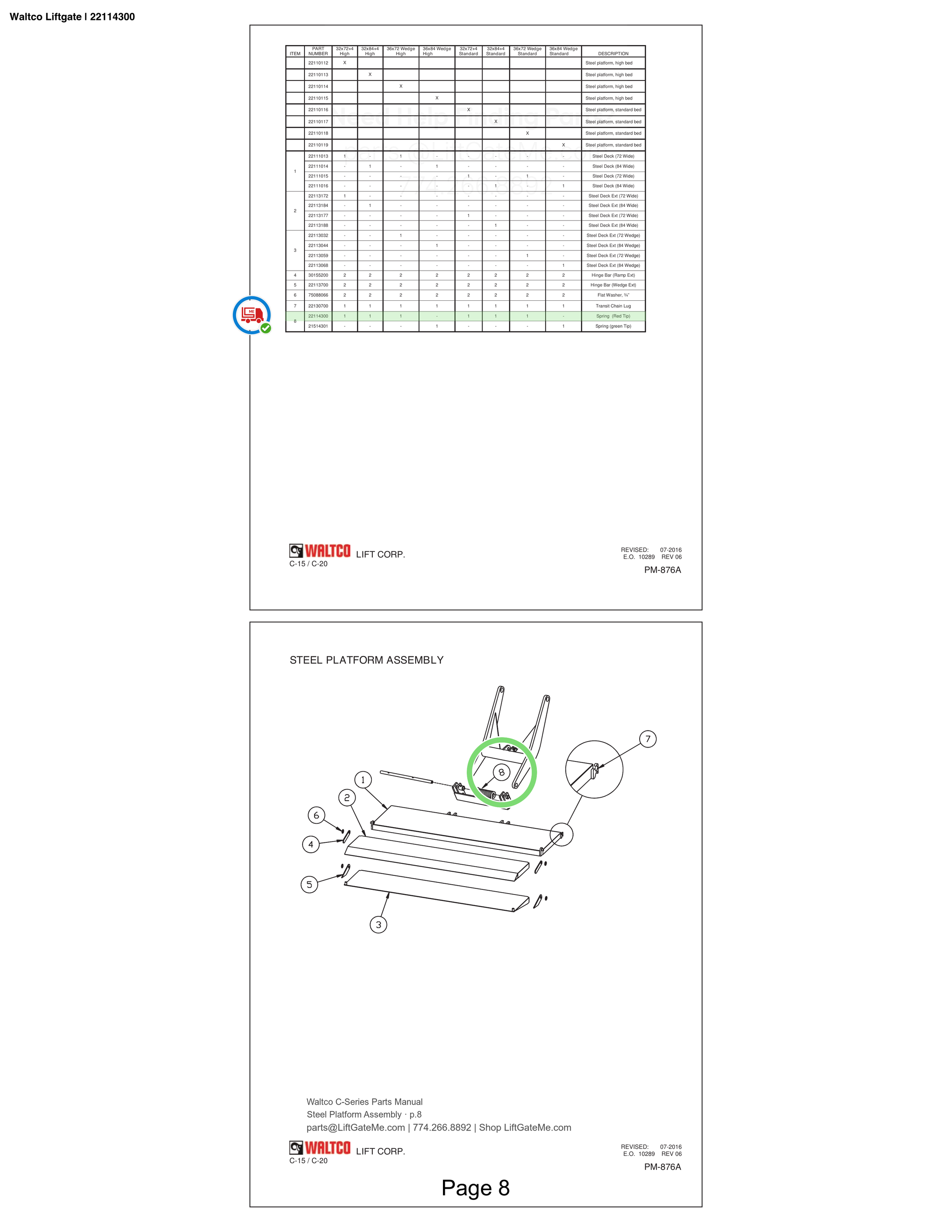 Waltco Liftgate | 22114300 — Steel Platform Assembly · p.8 (Waltco C-Series Parts Manual)