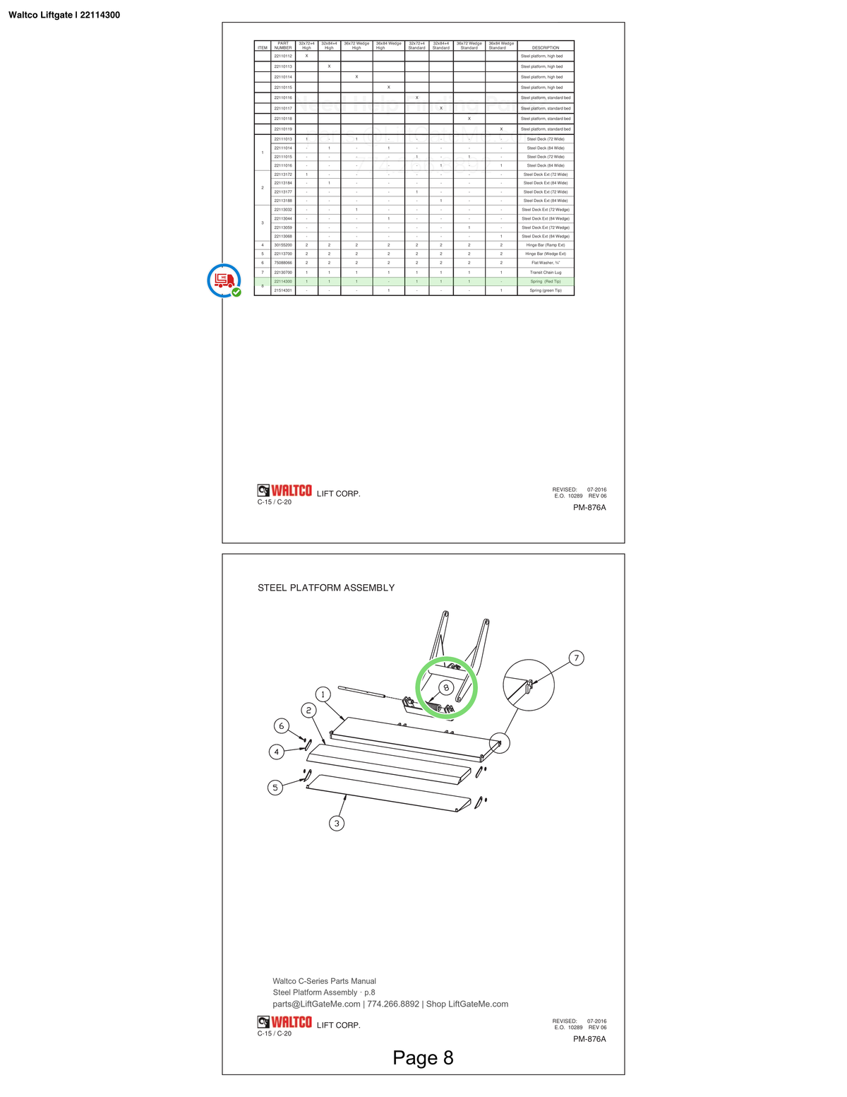 Waltco Liftgate | 22114300 — Steel Platform Assembly · p.8 (Waltco C-Series Parts Manual)
