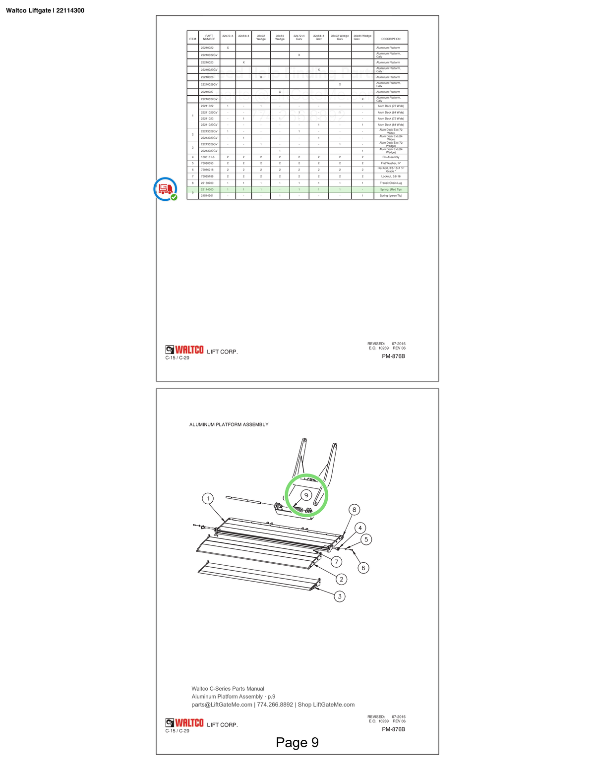 Waltco Liftgate | 22114300 — Aluminum Platform Assembly · p.9 (Waltco C-Series Parts Manual)