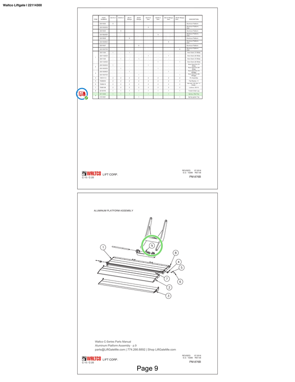 Waltco Liftgate | 22114300 — Aluminum Platform Assembly · p.9 (Waltco C-Series Parts Manual)