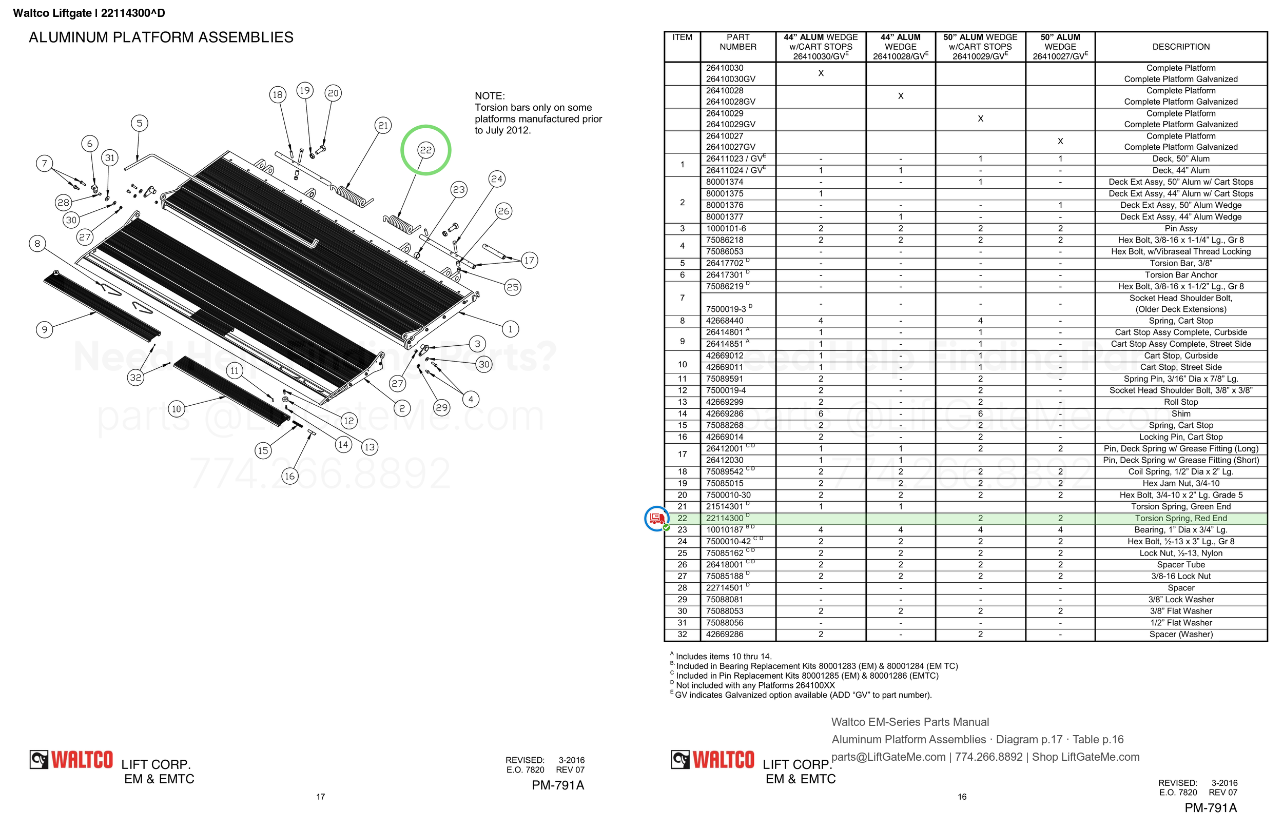 Waltco Liftgate | 22114300 — Aluminum Platform Assemblies · Diagram p.17 · Table p.16 (Waltco EM-Series Parts Manual)