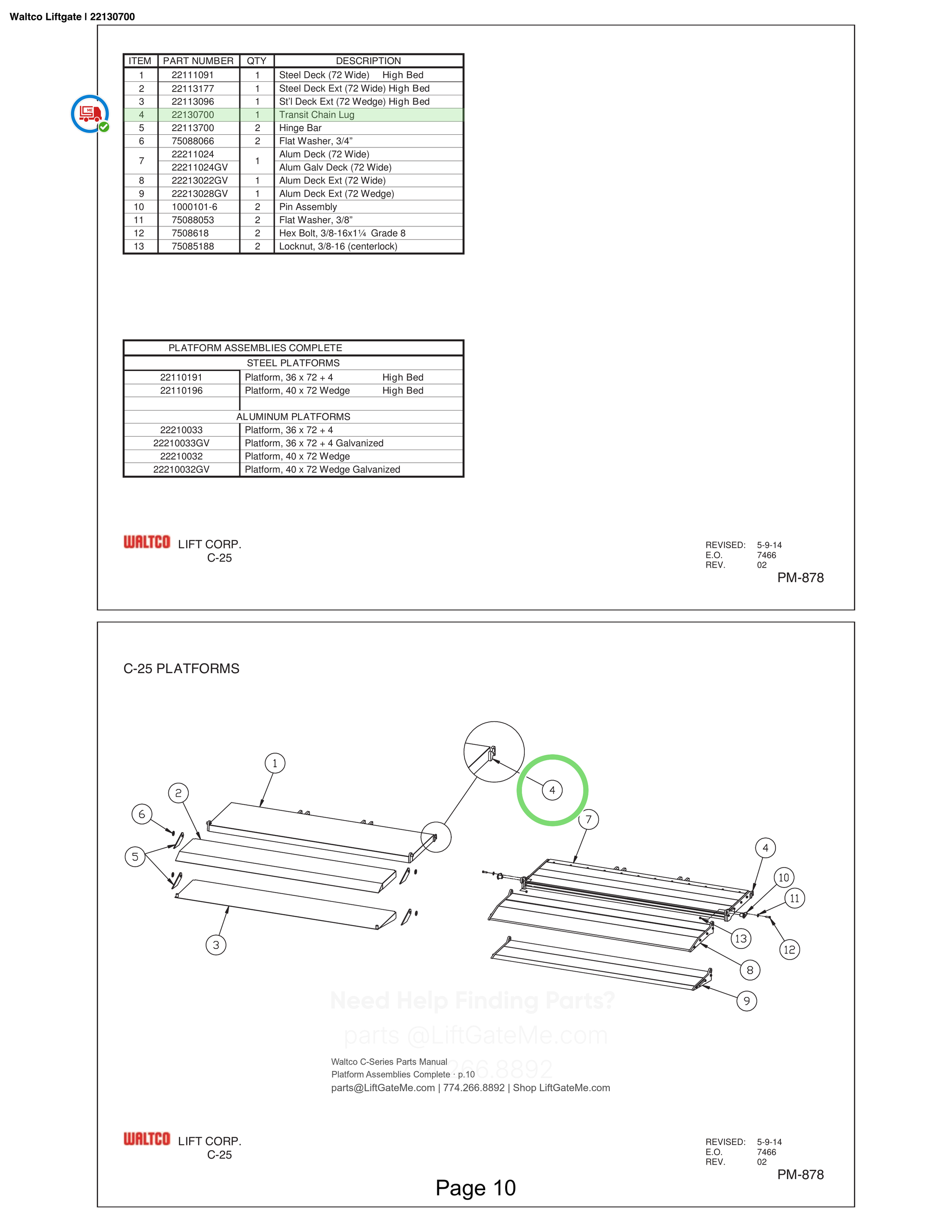 Waltco Liftgate | 22130700 — Platform Assemblies Complete · p.10 (Waltco C-Series Parts Manual)