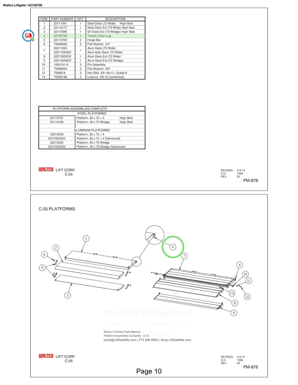 Waltco Liftgate | 22130700 — Platform Assemblies Complete · p.10 (Waltco C-Series Parts Manual)