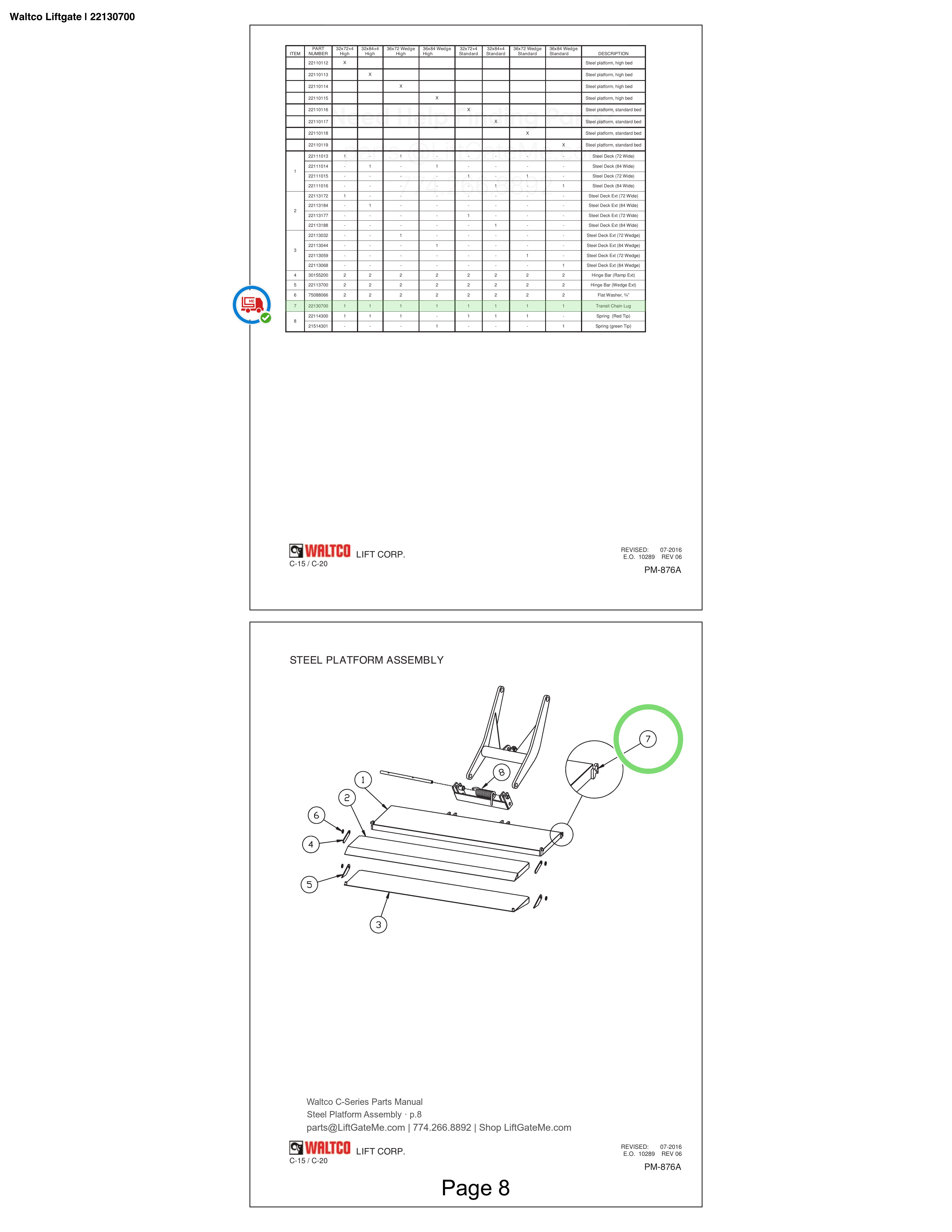 Waltco Liftgate | 22130700 — Steel Platform Assembly · p.8 (Waltco C-Series Parts Manual)