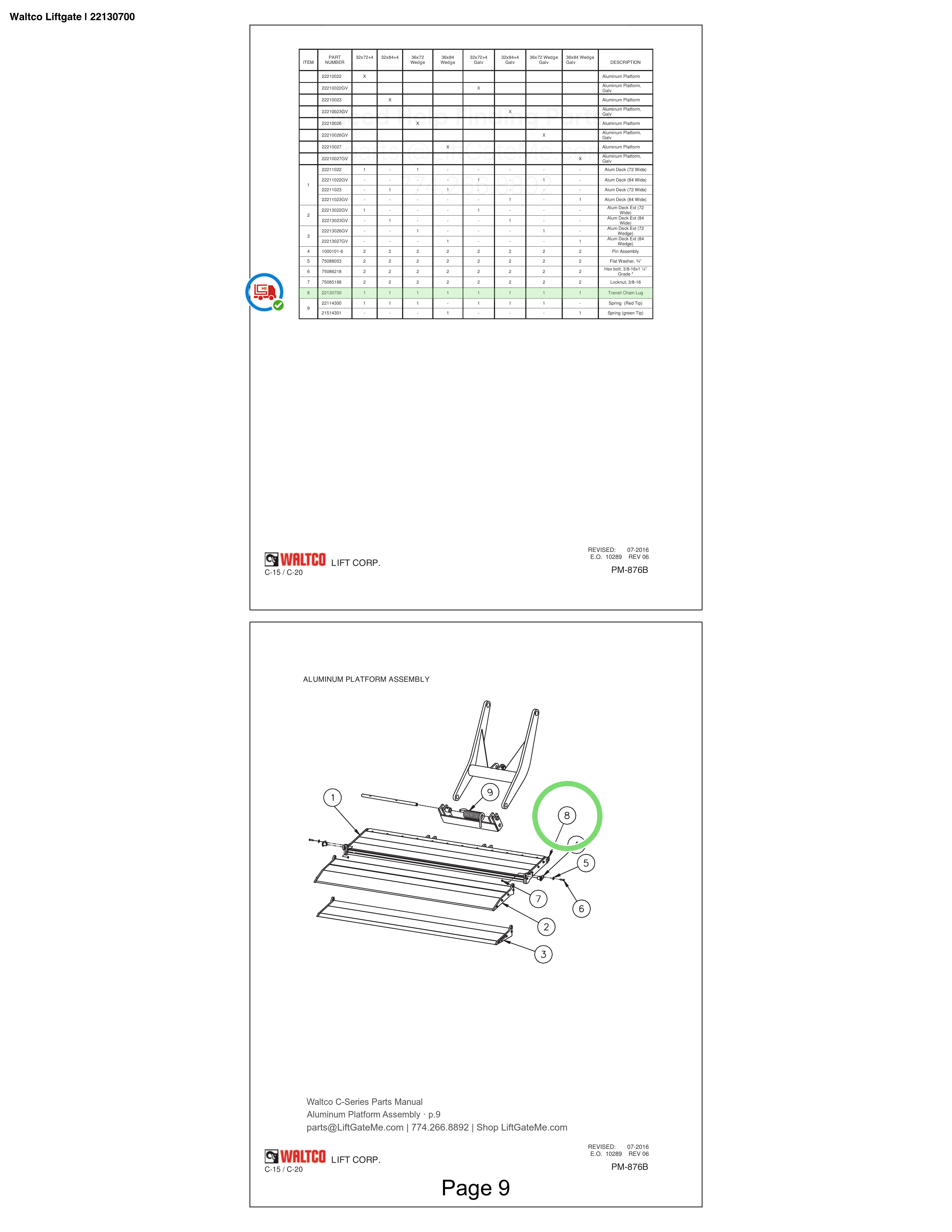 Waltco Liftgate | 22130700 — Aluminum Platform Assembly · p.9 (Waltco C-Series Parts Manual)