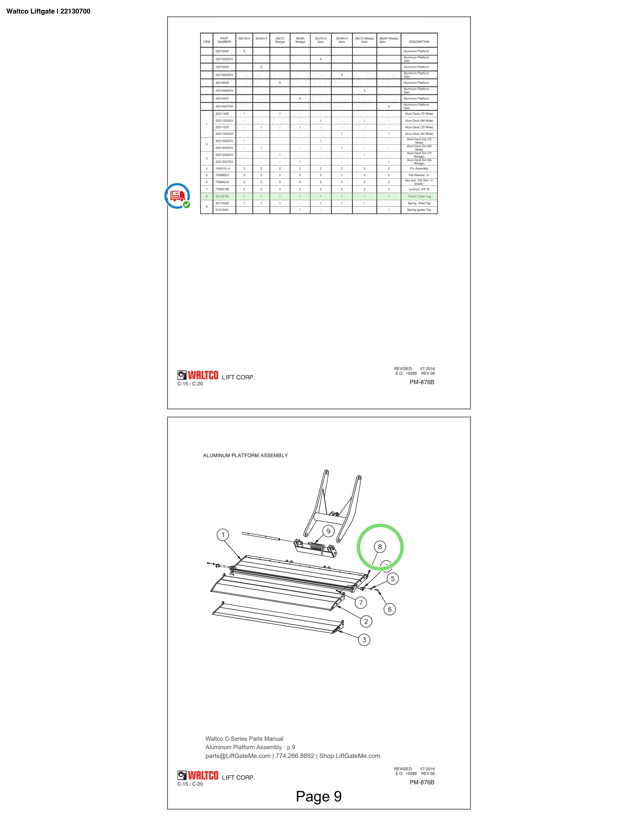 Waltco Liftgate | 22130700 — Aluminum Platform Assembly · p.9 (Waltco C-Series Parts Manual)
