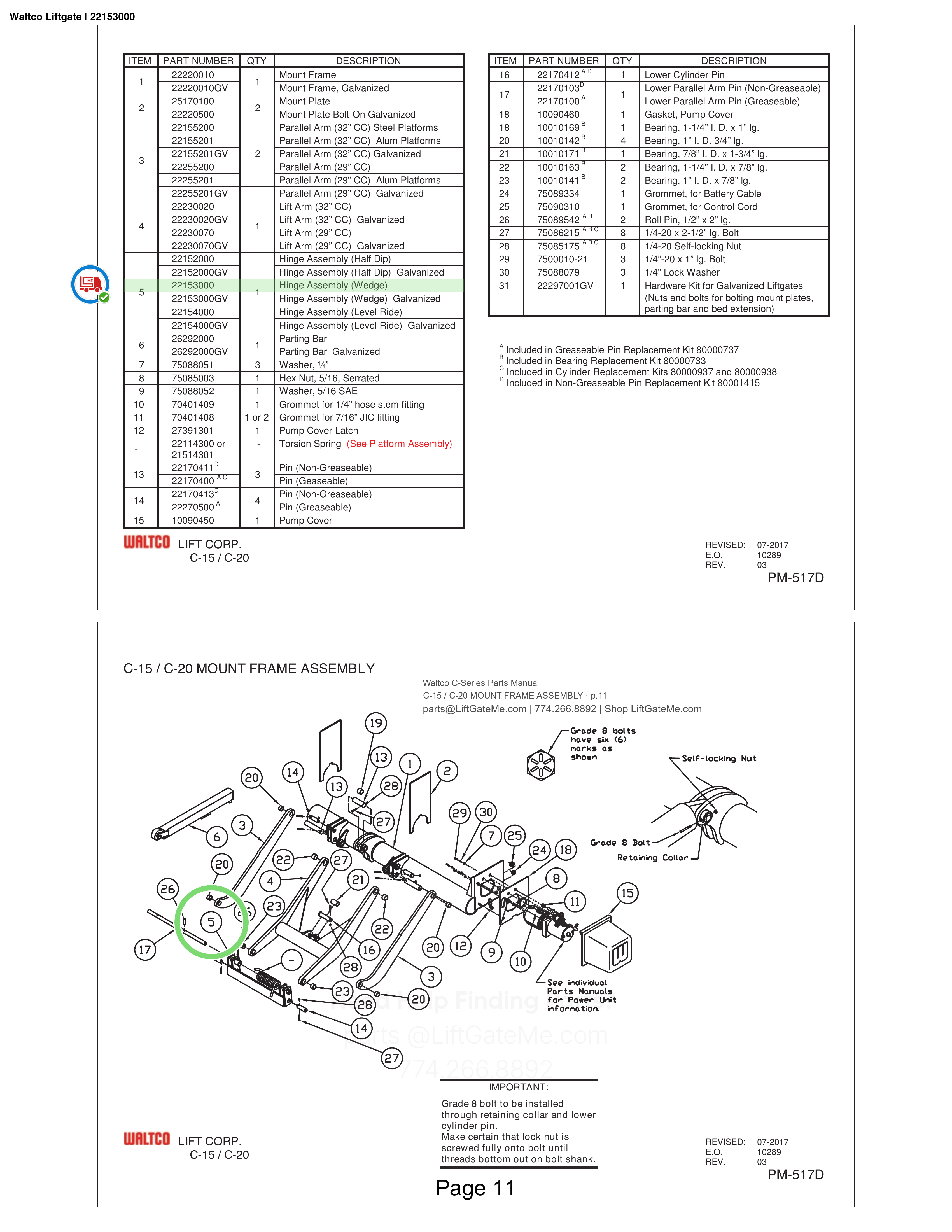 Waltco Liftgate | 22153000 — C-15 / C-20 MOUNT FRAME ASSEMBLY · p.11 (Waltco C-Series Parts Manual)