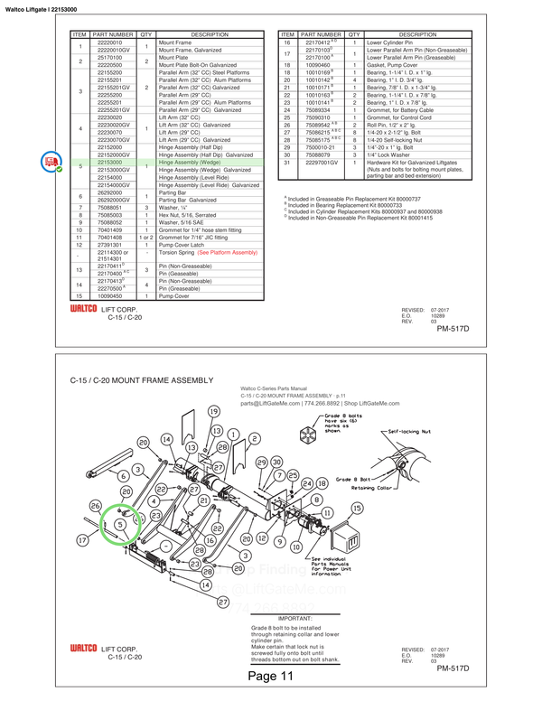 Waltco Liftgate | 22153000 — C-15 / C-20 MOUNT FRAME ASSEMBLY · p.11 (Waltco C-Series Parts Manual)