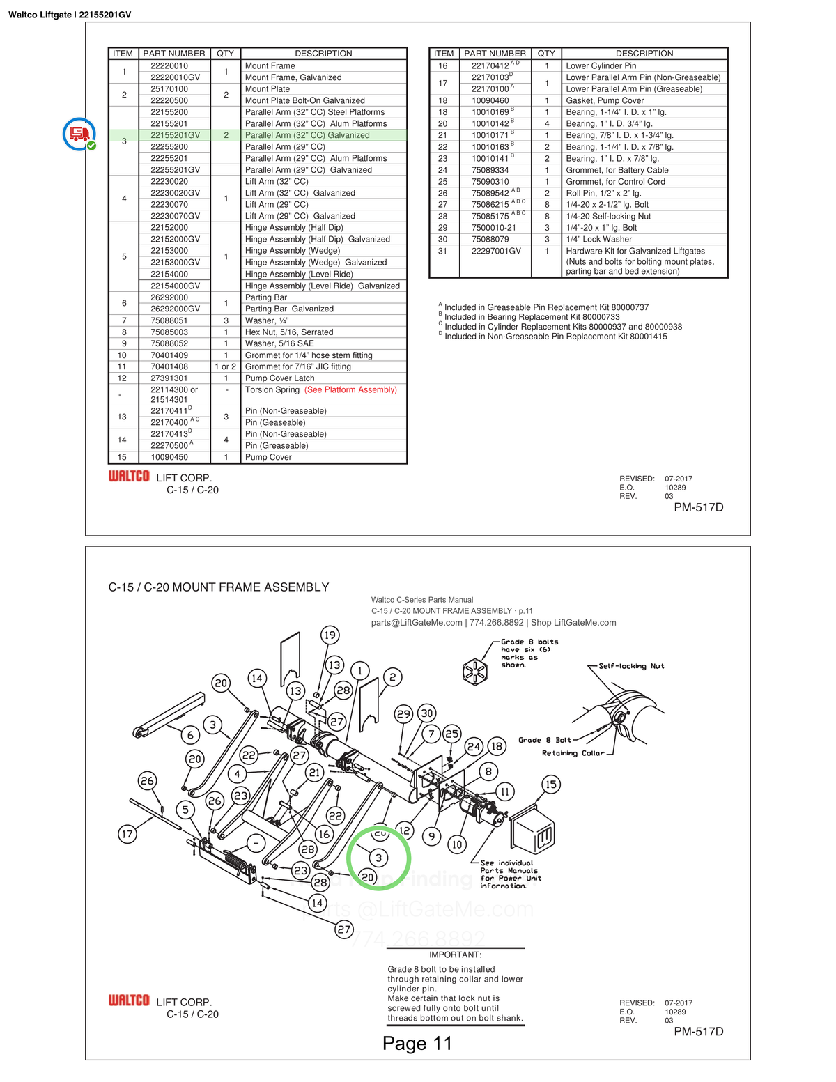 Waltco Liftgate | 22155201gv — C-15 / C-20 MOUNT FRAME ASSEMBLY · p.11 (Waltco C-Series Parts Manual)