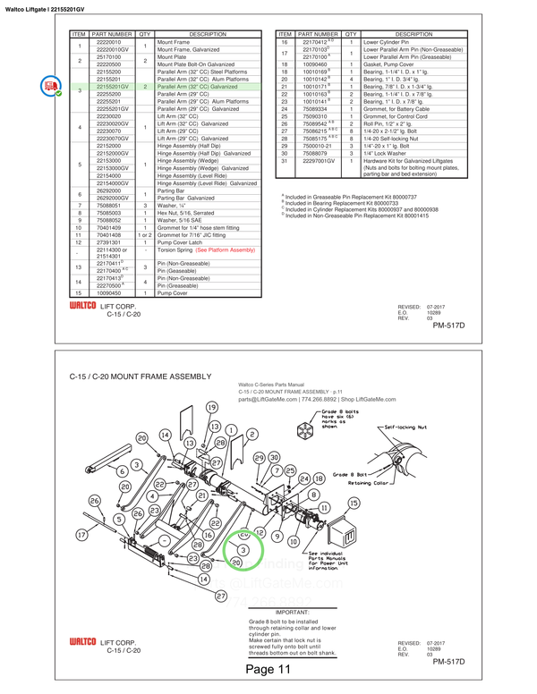 Waltco Liftgate | 22155201gv — C-15 / C-20 MOUNT FRAME ASSEMBLY · p.11 (Waltco C-Series Parts Manual)