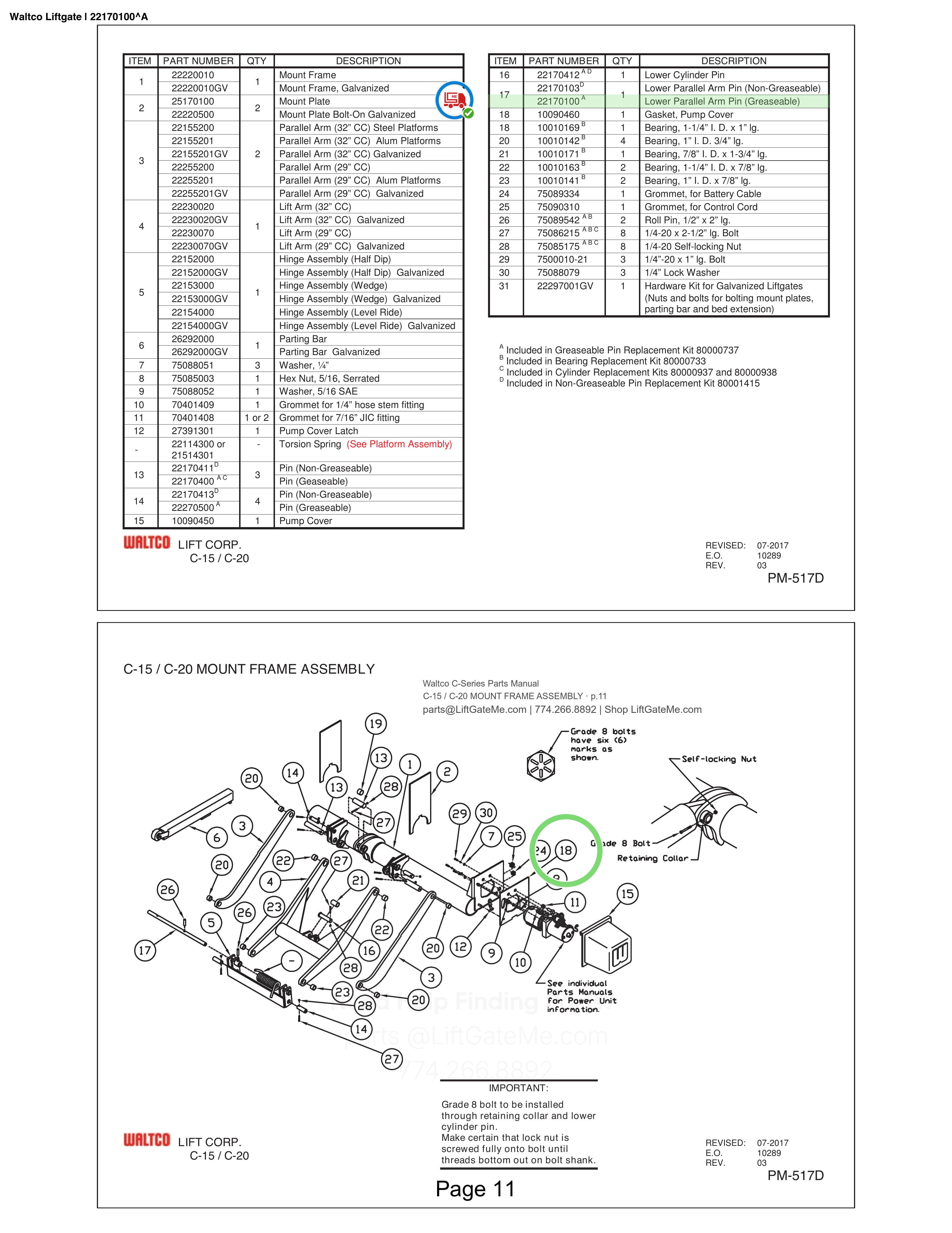 Waltco Liftgate | 22170100 — C-15 / C-20 MOUNT FRAME ASSEMBLY · p.11 (Waltco C-Series Parts Manual)