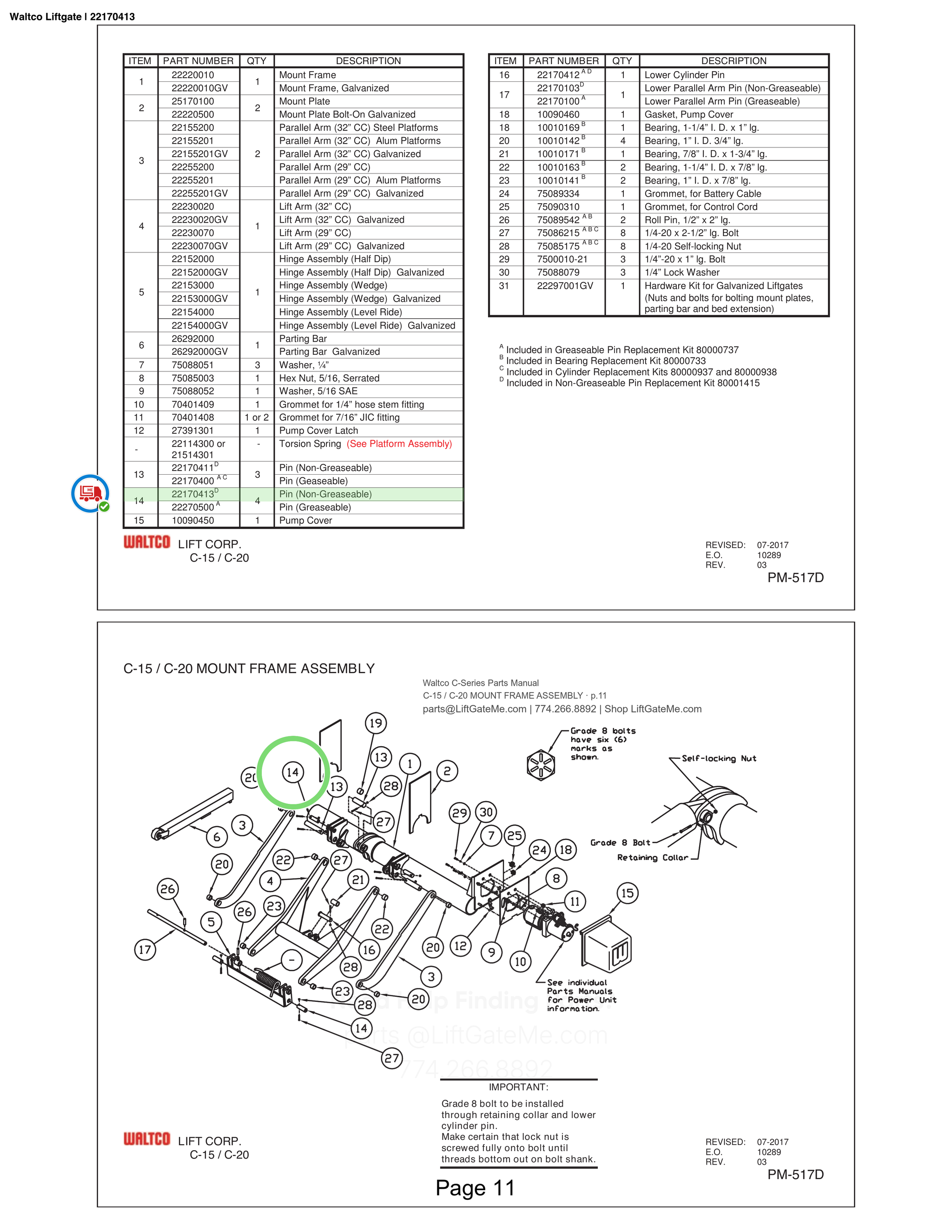 Waltco Liftgate | 22170413 — C-15 / C-20 MOUNT FRAME ASSEMBLY · p.11 (Waltco C-Series Parts Manual)
