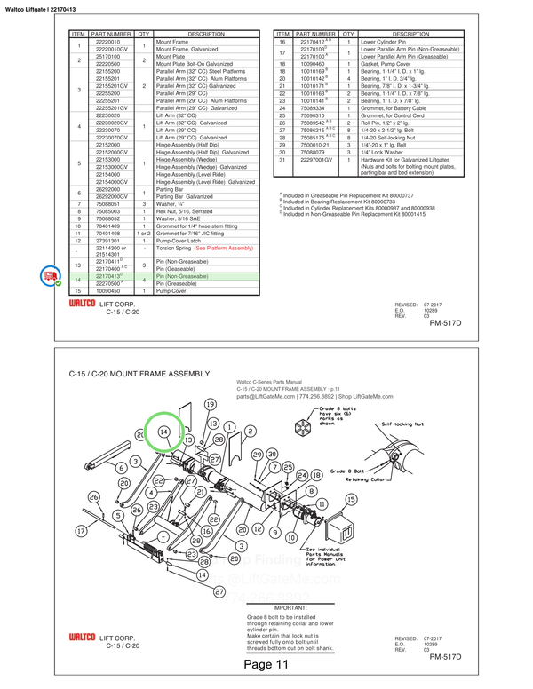 Waltco Liftgate | 22170413 — C-15 / C-20 MOUNT FRAME ASSEMBLY · p.11 (Waltco C-Series Parts Manual)