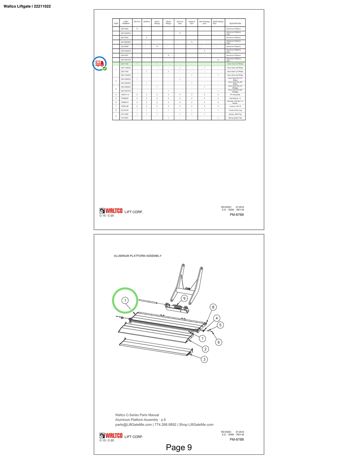 Waltco Liftgate | 22211022 — Aluminum Platform Assembly · p.9 (Waltco C-Series Parts Manual)
