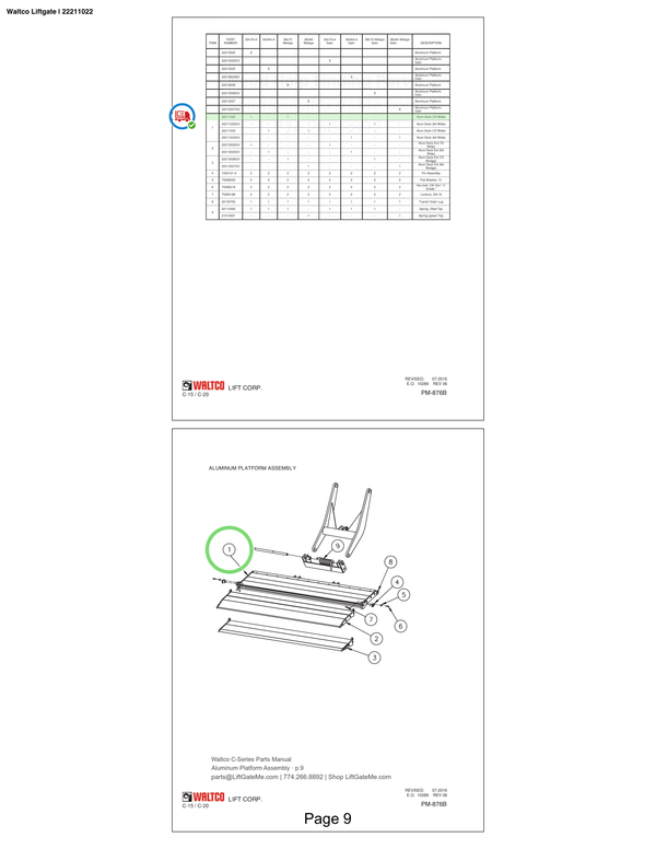 Waltco Liftgate | 22211022 — Aluminum Platform Assembly · p.9 (Waltco C-Series Parts Manual)