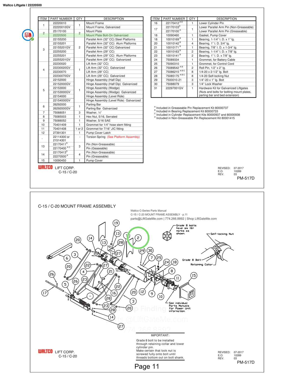 Waltco Liftgate | 22220500 — C-15 / C-20 MOUNT FRAME ASSEMBLY · p.11 (Waltco C-Series Parts Manual)
