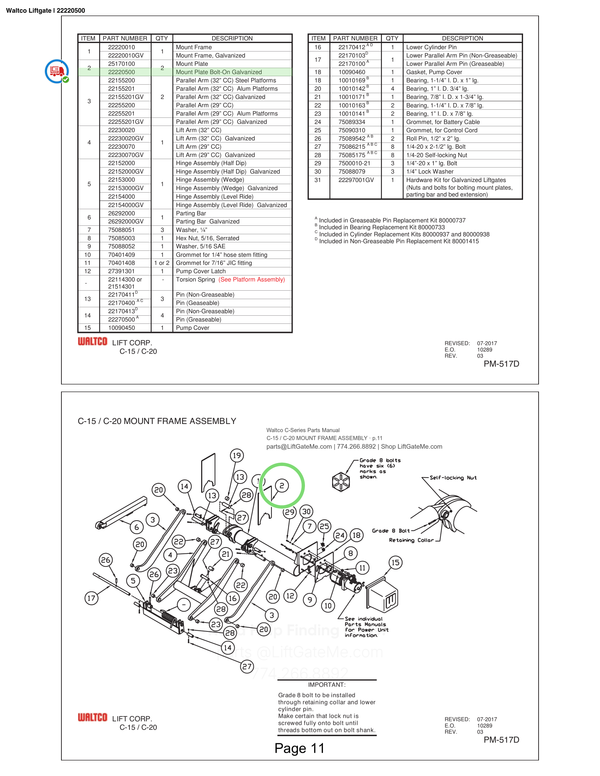 Waltco Liftgate | 22220500 — C-15 / C-20 MOUNT FRAME ASSEMBLY · p.11 (Waltco C-Series Parts Manual)