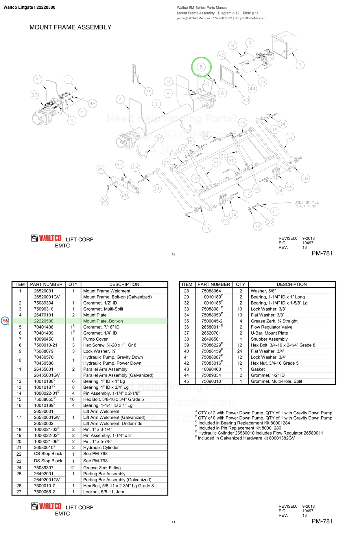 Waltco Liftgate | 22220500 — Mount Frame Assembly · Diagram p.12 · Table p.11 (Waltco EM-Series Parts Manual)