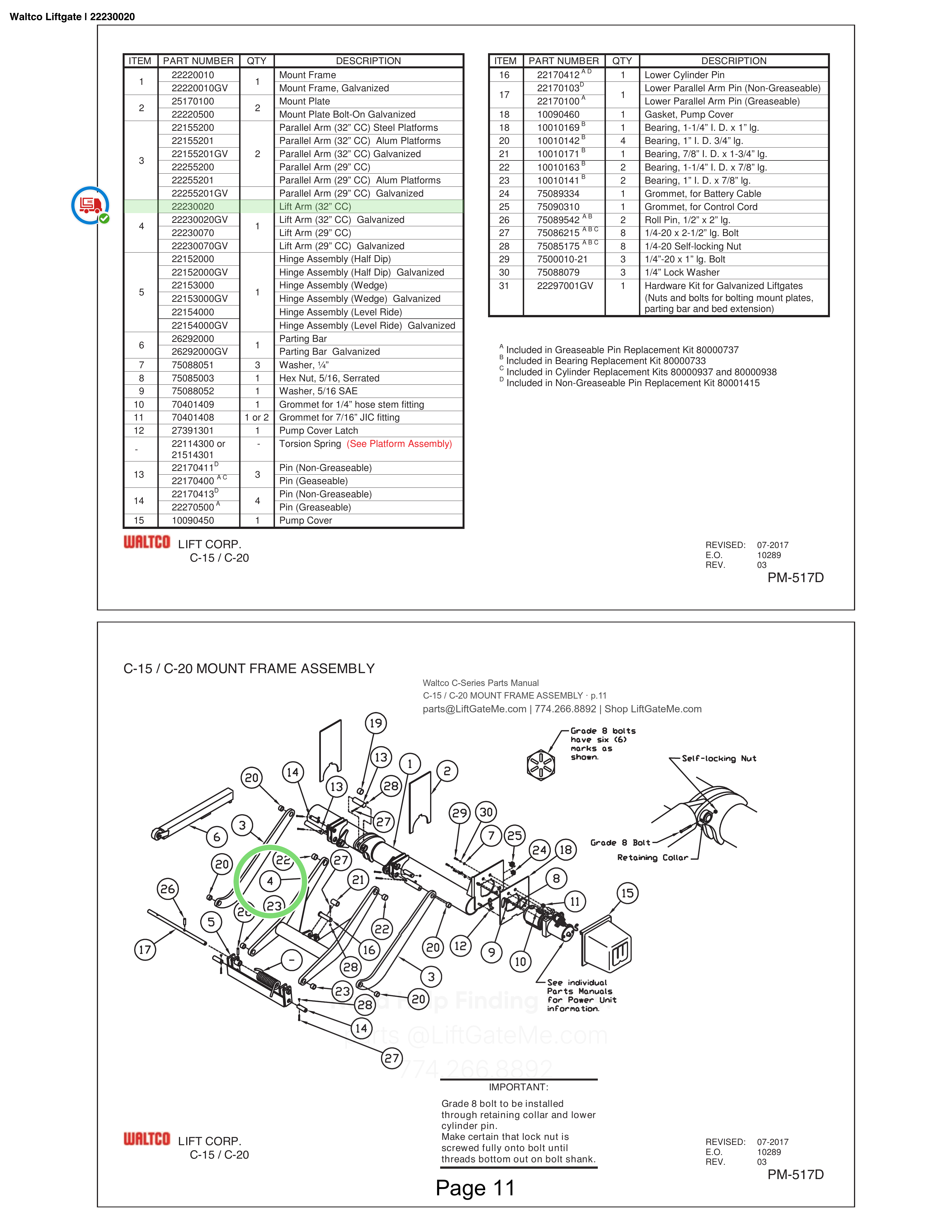 Waltco Liftgate | 22230020 — C-15 / C-20 MOUNT FRAME ASSEMBLY · p.11 (Waltco C-Series Parts Manual)